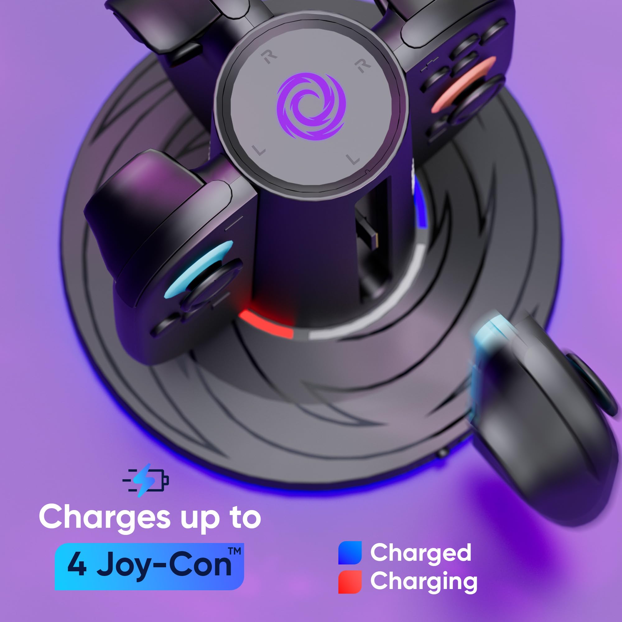 Oniverse Joy-Con Ladegerät für Switch 2 - Schnelllade-Station für 4 Joy-Cons kompatibel mit Nintendo Switch 2, USB-C Stromversorgung, Rote/Blau LED-Anzeigen, Zubehör mit 10 Beleuchtungsmodi