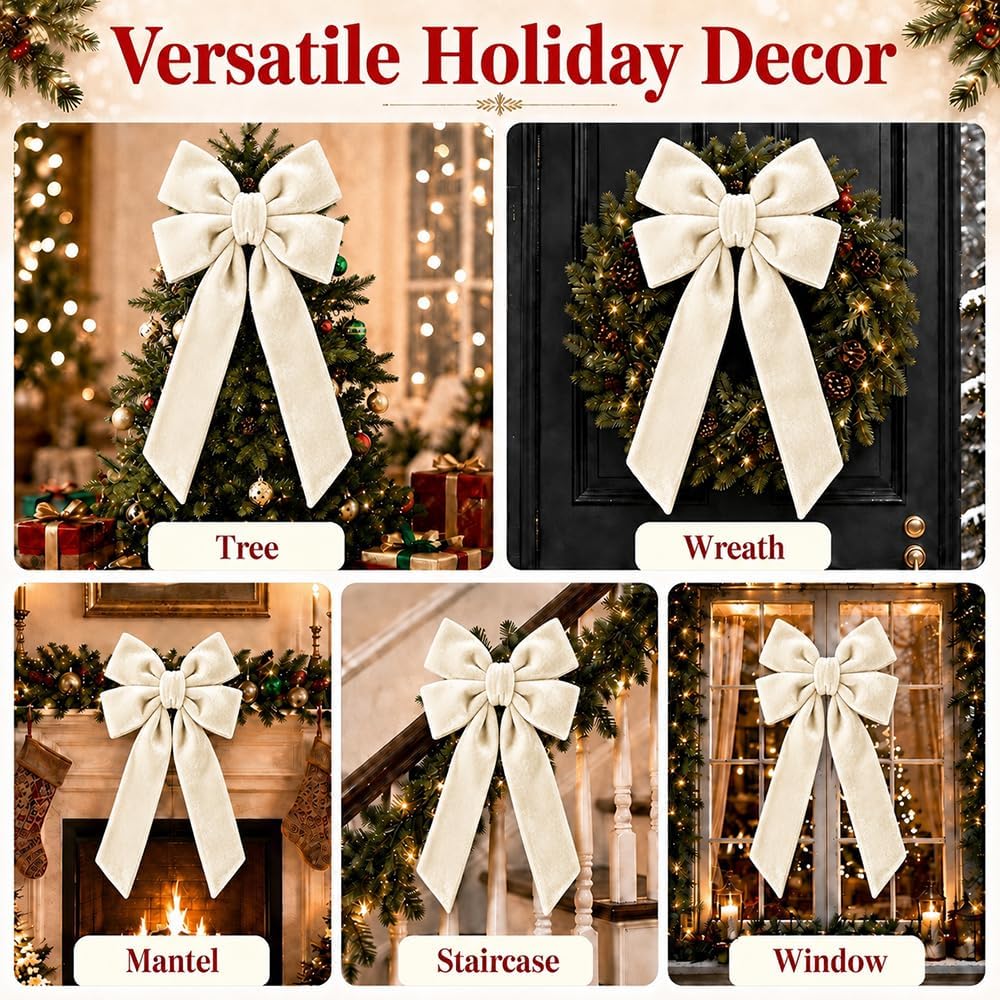 JOICEE 15"x30" Large Velvet Christmas Tree Topper Bow Decorations(Beige)