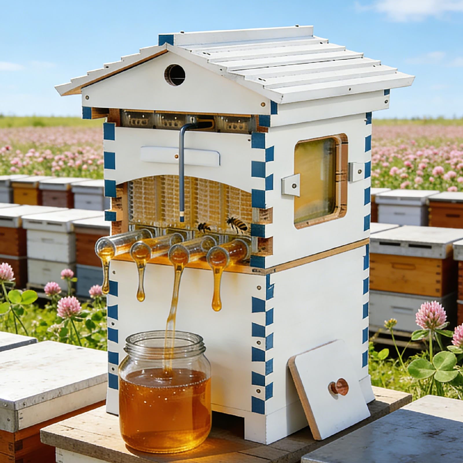Ruche Flow 2-en-1, Coffre d'Apiculture en Bois Style Cabane avec 4 ou 7 Cadres Auto Super & Grande Fenêtre d'Observation, pour l'Élevage de Colonies d'Abeilles 4frame