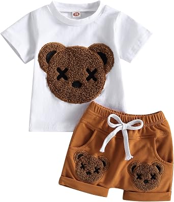 WZTYYDS Toddler Baby Boy Summer Bear Outfits Short Sleeve Top and Shorts Casual Baby Boy Clothes Set 6 12 18 24 Months