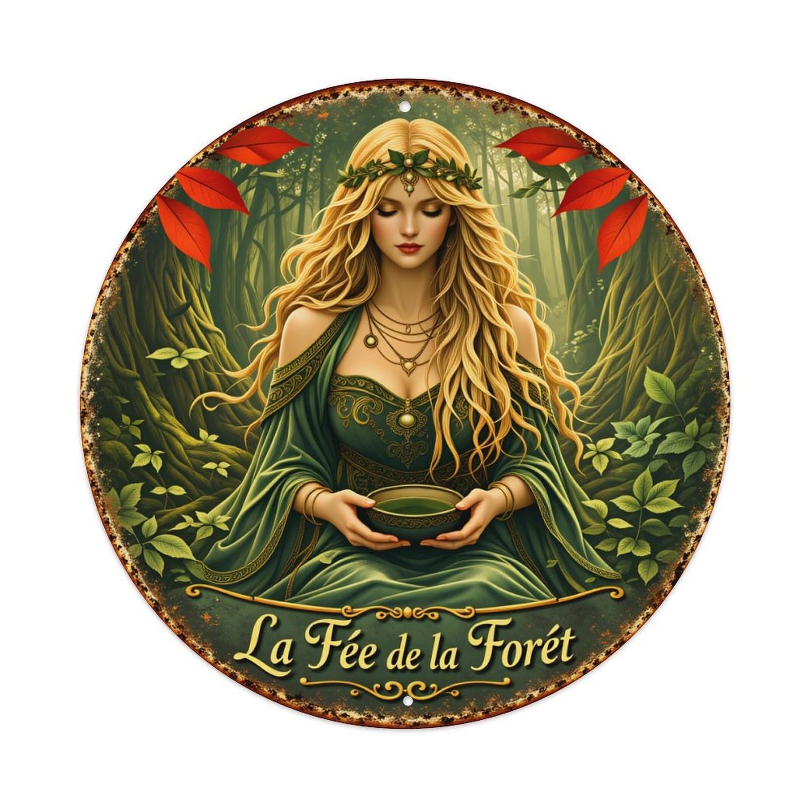 Forest Fairy Holding Bowl Green Leaves Red Accents Round Tin Sign Vintage Style Metal Sign Home Bar Garden Wall Plaque Decor Metal Poster 8x8 Inch