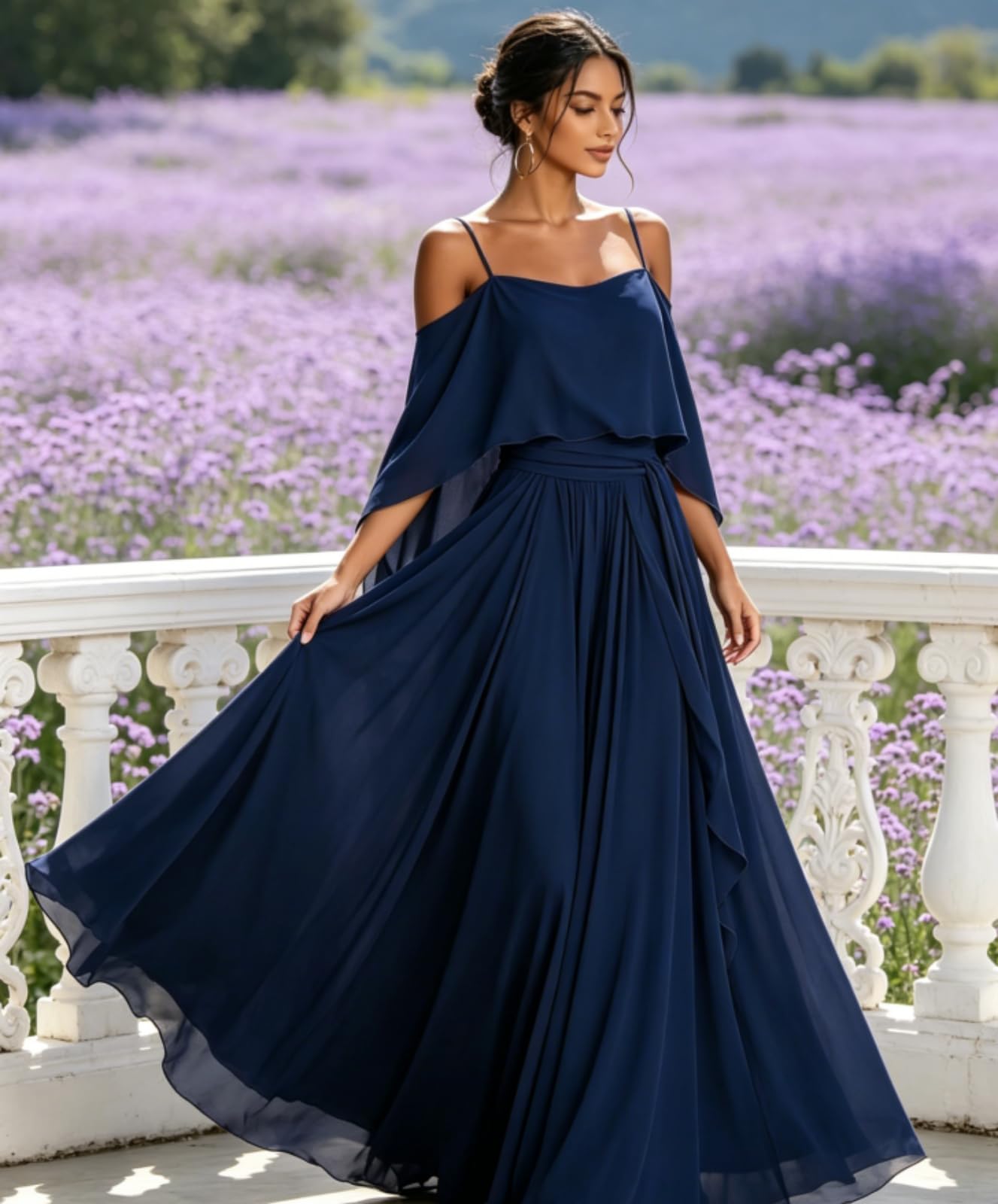 Abito lungo da donna in chiffon, elegante, con volant e spalle scoperte