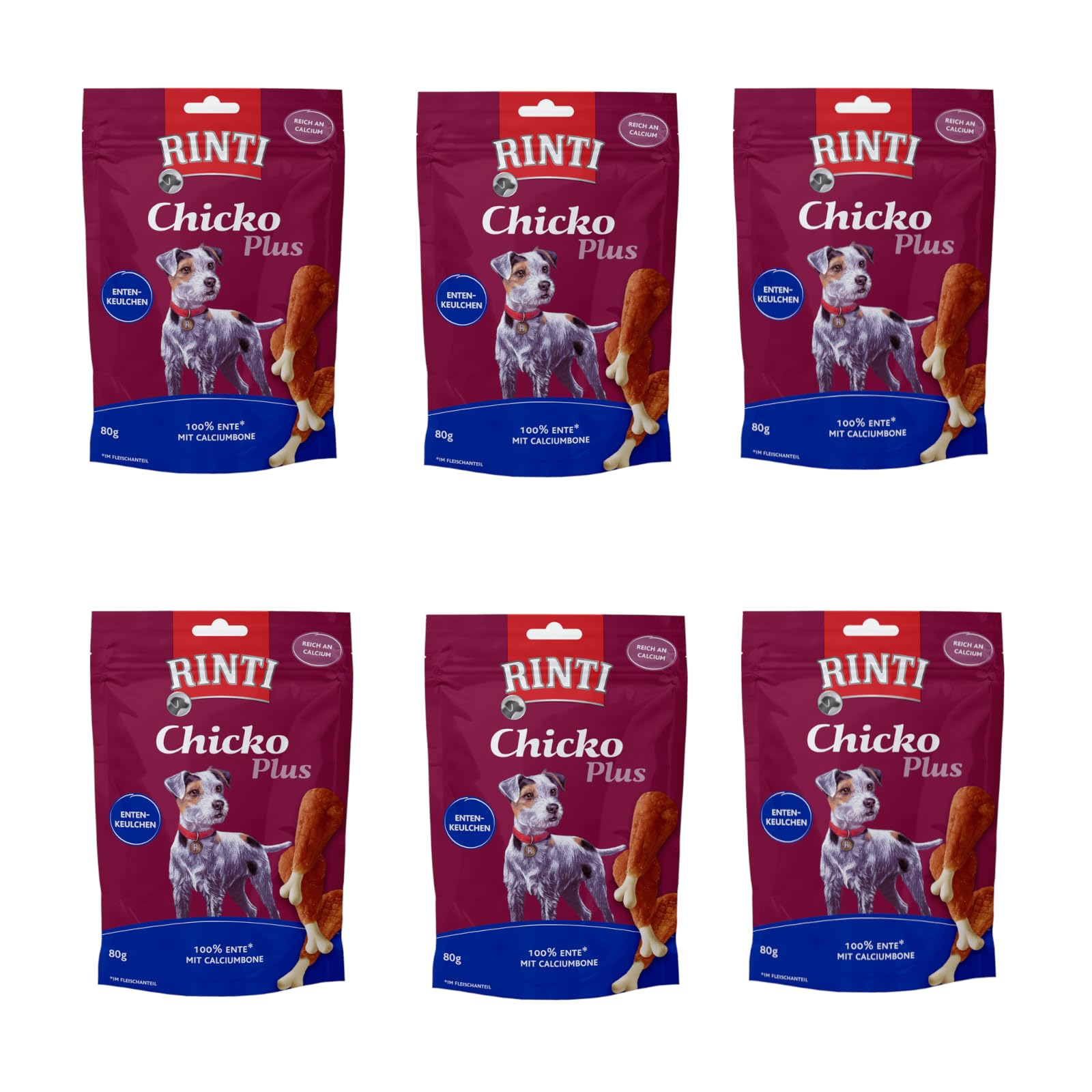 Rinti Chicko Plus Entenkeulchen | 6er Pack | 6 x 80 g | Aus frischem Entenbrustfilet zubereitet | Schonend luftgetrocknet | Wiederverschließbar | Ohne Soja und Fleischmehle
