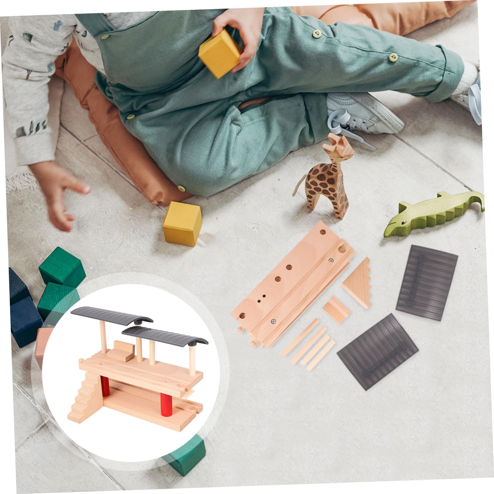Piattaforma Ferroviaria a Doppio Livello in Legno Beige, 1 Pz | Accessorio Pista Trenino, Stazione Fai da Te, Leggero Plastico Composito