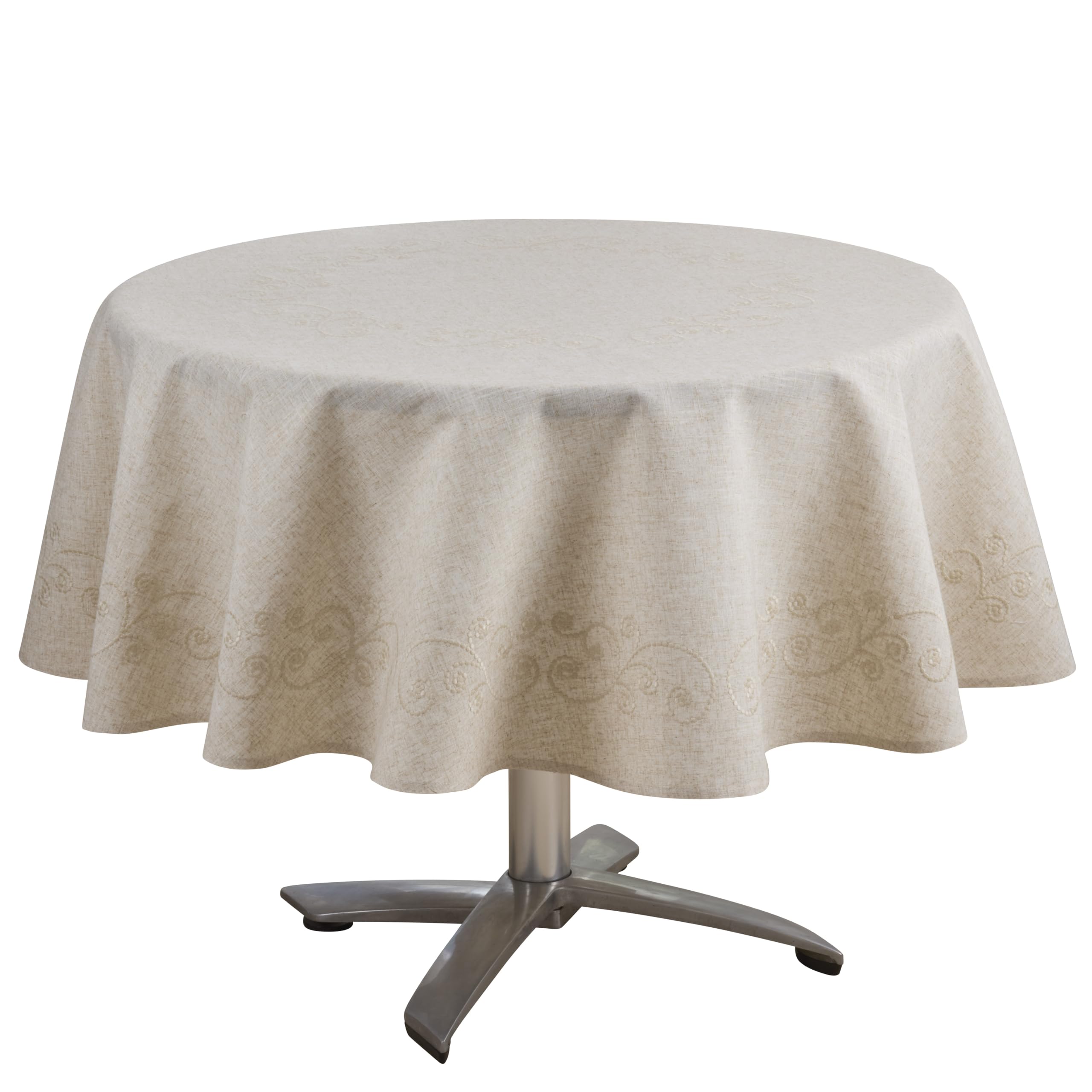 SARO LIFESTYLE Scroll Embroidered Linen Blend Tablecloth - Elegant Embroidered Tablecloth with Decorative Swirl Border Design for Holiday Entertaining & Farmhouse Table Décor, 72", Natural