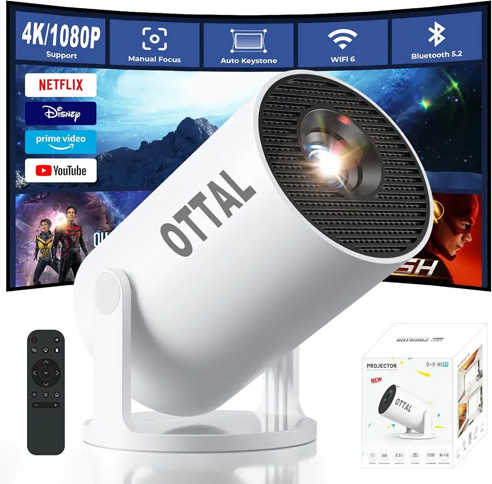 New Upgraded HY300 Pro+ Mini Projector with WiFi and Bluetooth Built in Apps, Smart Portable Projector with 180° Rotation, Auto Keystone, Support 4K, Compatible with HDMI/USB/TV Stick/phone/Laptop