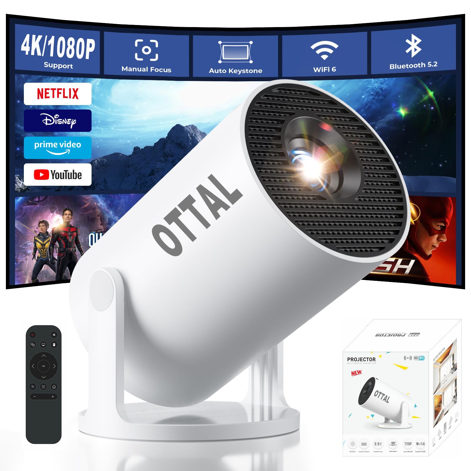 New Upgraded HY300 Pro+ Mini Projector with WiFi and Bluetooth Built in Apps, Smart Portable Projector with 180° Rotation, Auto Keystone, Support 4K, Compatible with HDMI/USB/TV Stick/phone/Laptop 2026 HY300Pro+