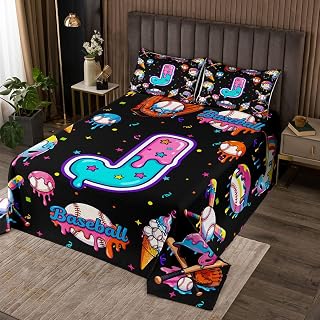 jejeloiu Baseball Bedspread Twin Size Personalized Initial J Coverlet Set for Kids Teens Adults Baseball Sports Quilted Coverlet Gaming Sports Room Decor 2Pcs with 1 Pillow Case All Season Soft
