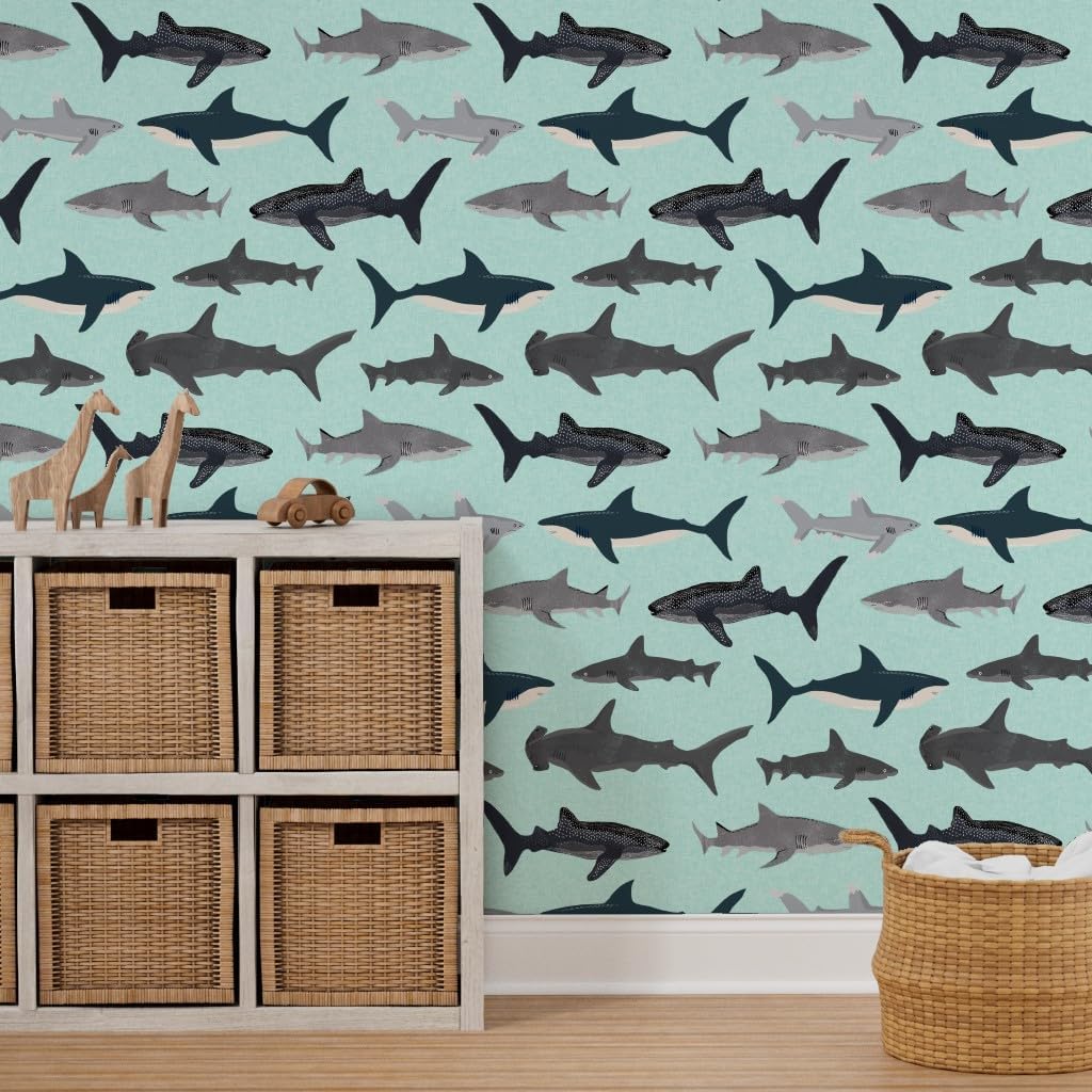Peel & Stick Wallpaper 3ft x 2ft - Shark Mint Boys Kids Ocean Animal Sea Creature Hammerhead Great White Whales Sharks Beach Custom Removable Wallpaper by Spoonflower