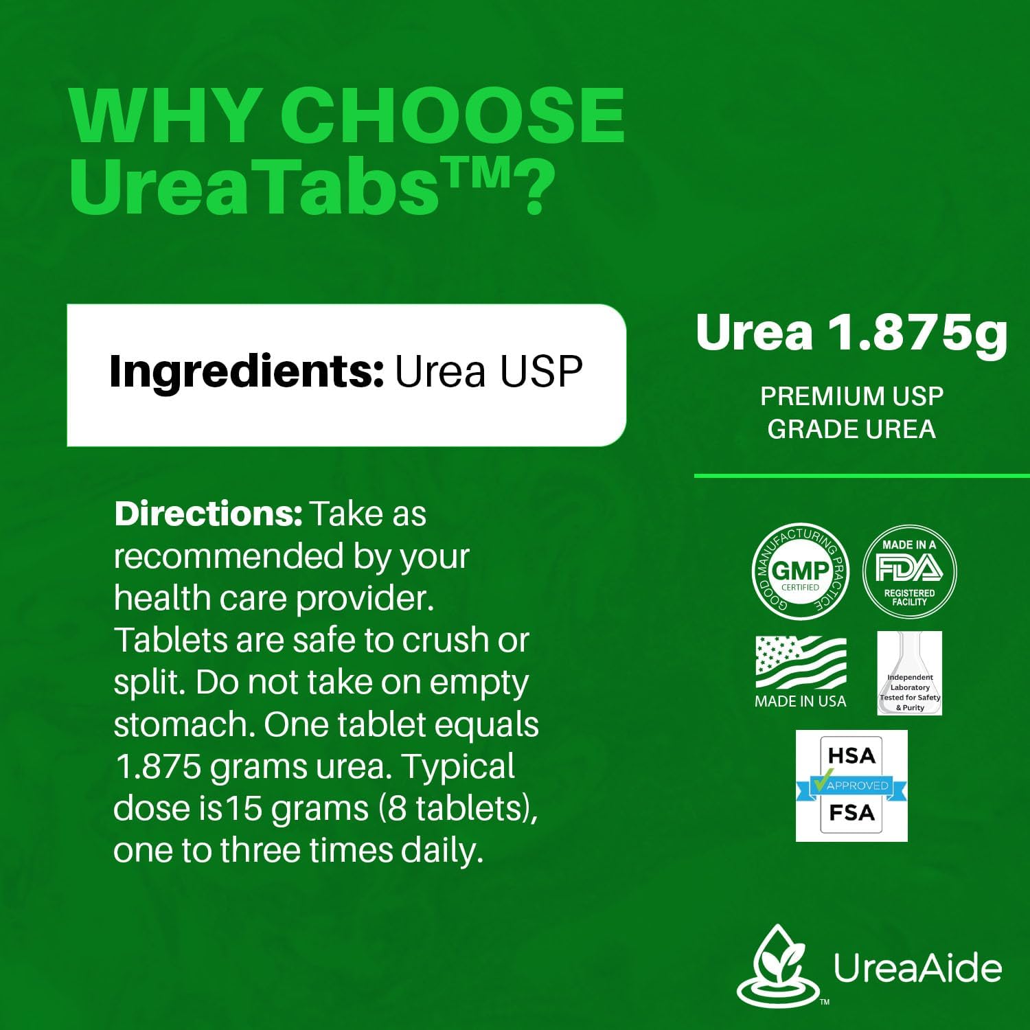 UreaTabs Oral Urea Tablets 1.875 Grams for Hyponatremia Management Low Sodium Support Tasteless Coated 240 Tablets in 1 Bottle Equivalent to 30 Powder Packets or 1 Pound Bag by UreaAide