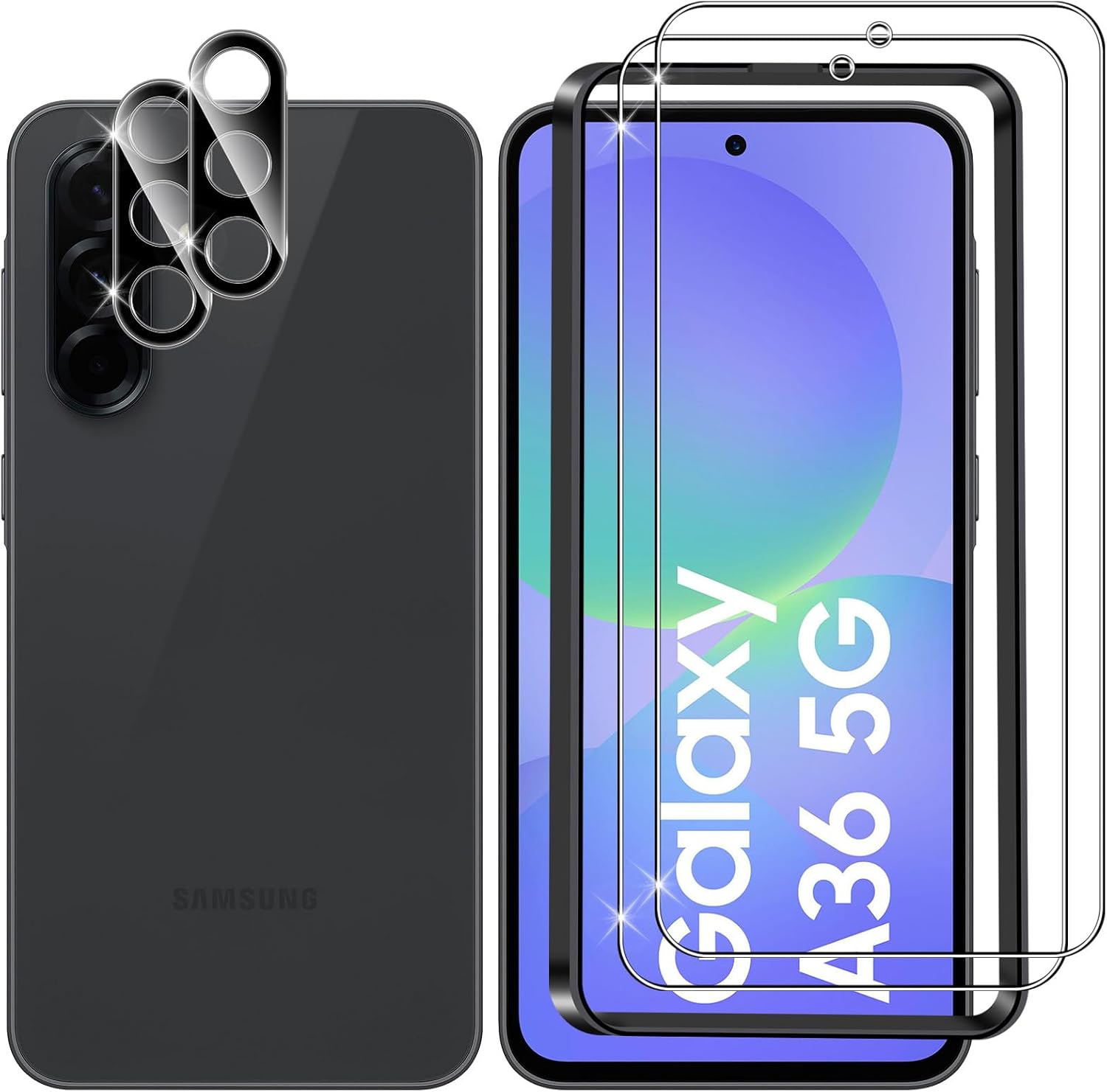 Lutree Tempered Glass Screen Protector for Samsung Galaxy A36 5G Pack of 2 + 2 Protective Glass + Camera Protection Film Black 9H HD Screen Protector Anti-Scratch Screen Protector