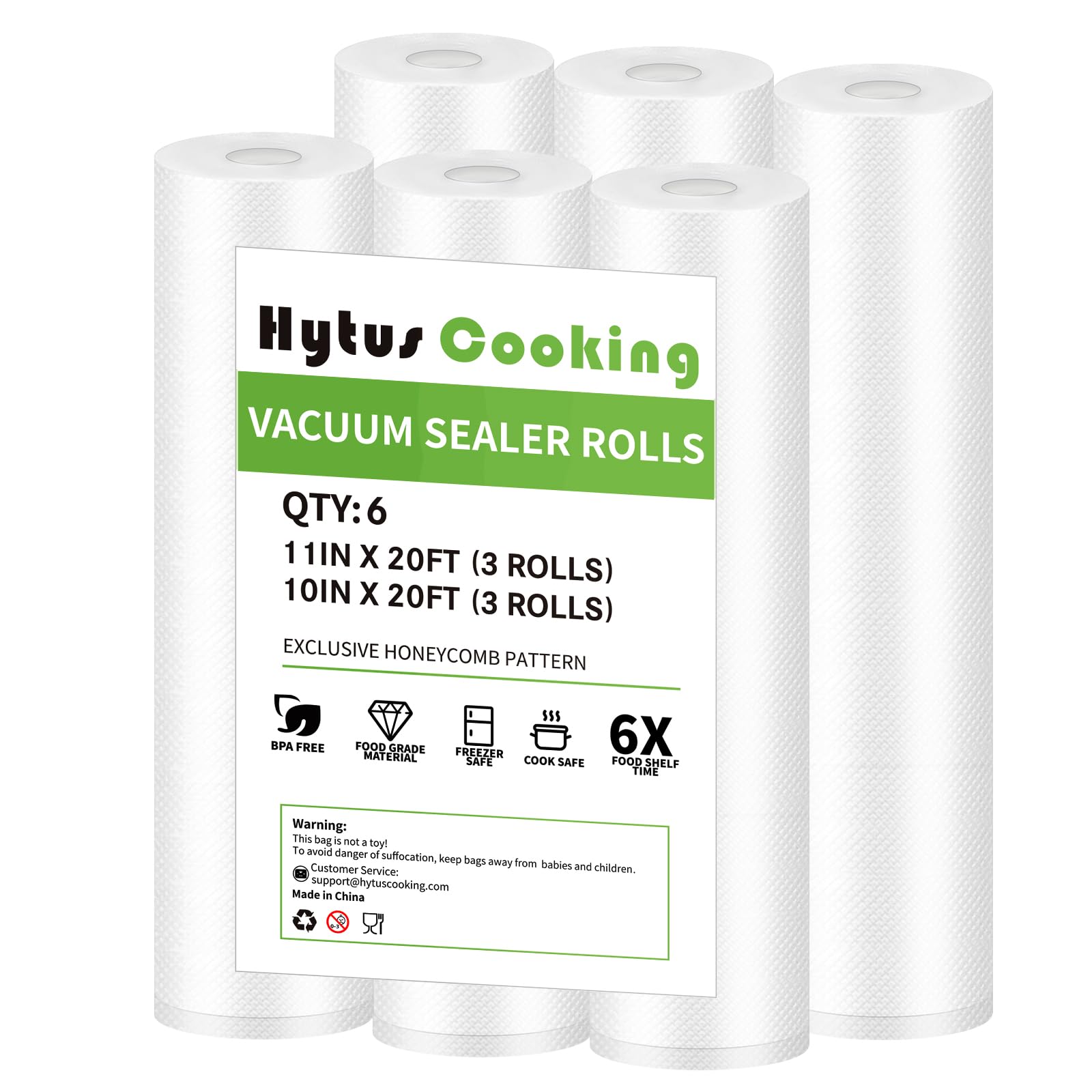 HytusCooking - Rollos selladores al vacío, paquete de 6, 3 rollos de 11 pulgadas x 20 pies y 3 rollos de 10 pulgadas x 20 pies, sin BPA, bolsas de almacenamiento de alimentos multicapa resistentes de