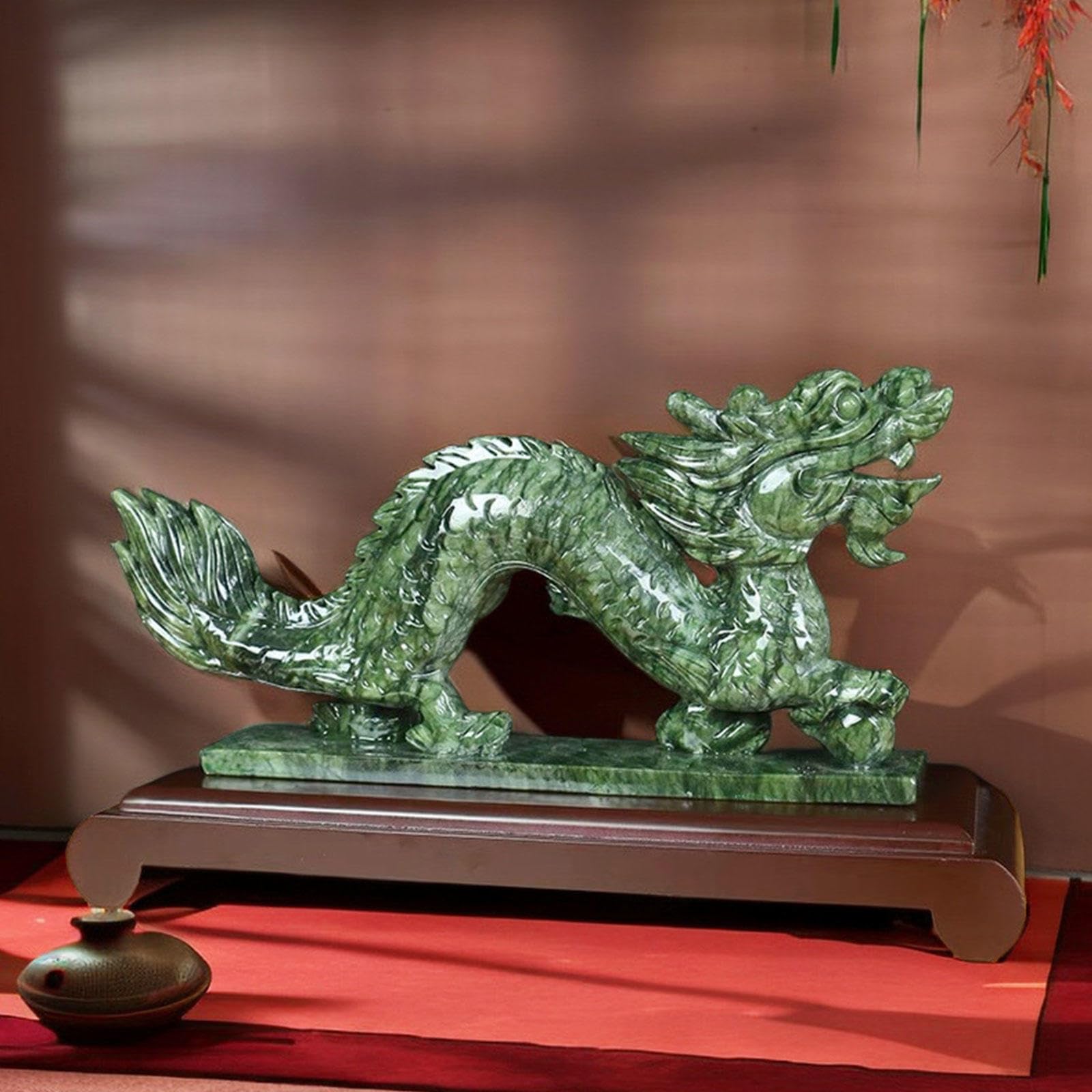 Jade Natural Qinglong Escultura de Estatua de Estatuilla de Dragón Chino Feng Shui Decoración de Escritorio para La Oficina en El Hogar para La Suerte y El éxito,11x2.4x5.9in