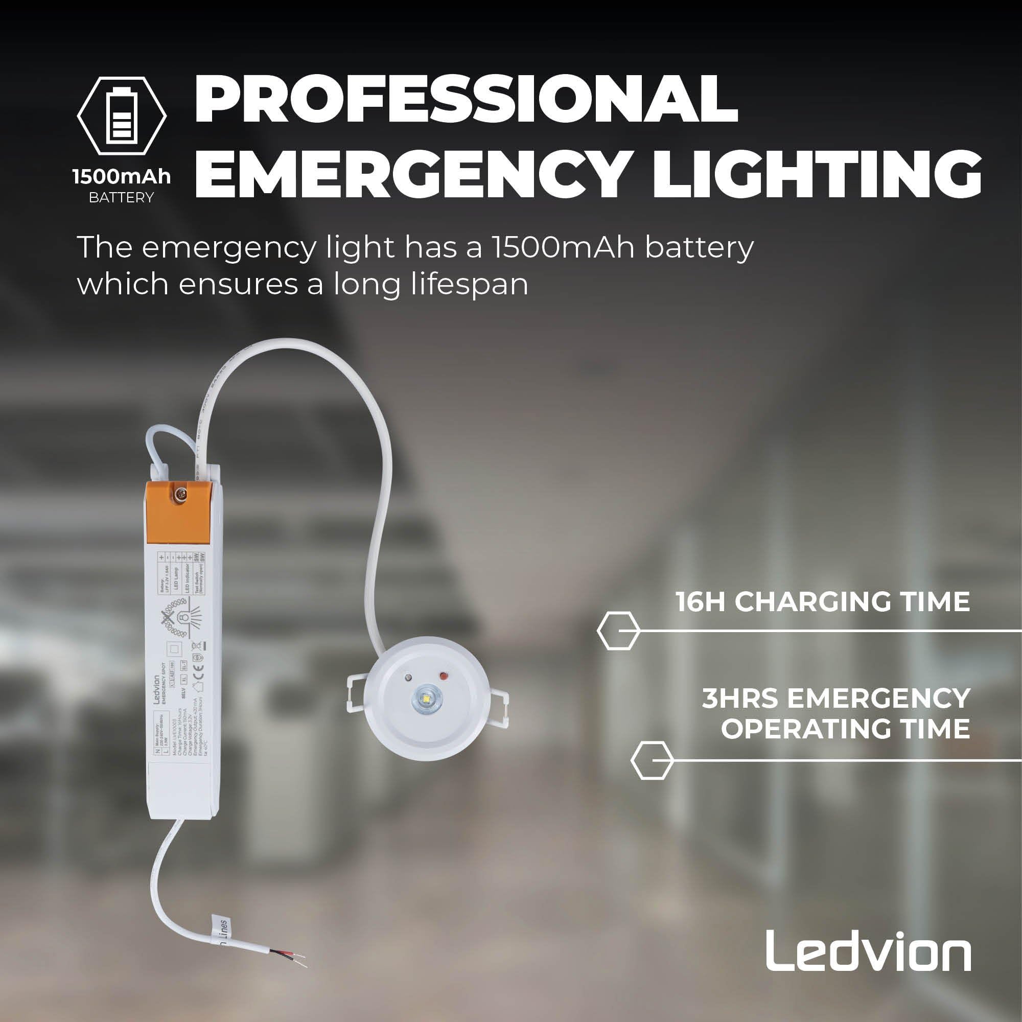 Ledvion - Spot LED d'Urgence, 3.5W - 6500K, IK07, IP65 - Incl. Batterie - Batterie de Secours (3 h)
