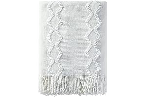 BOURINA Luxurious White Chenille Knitted Fringe Throw Blanket