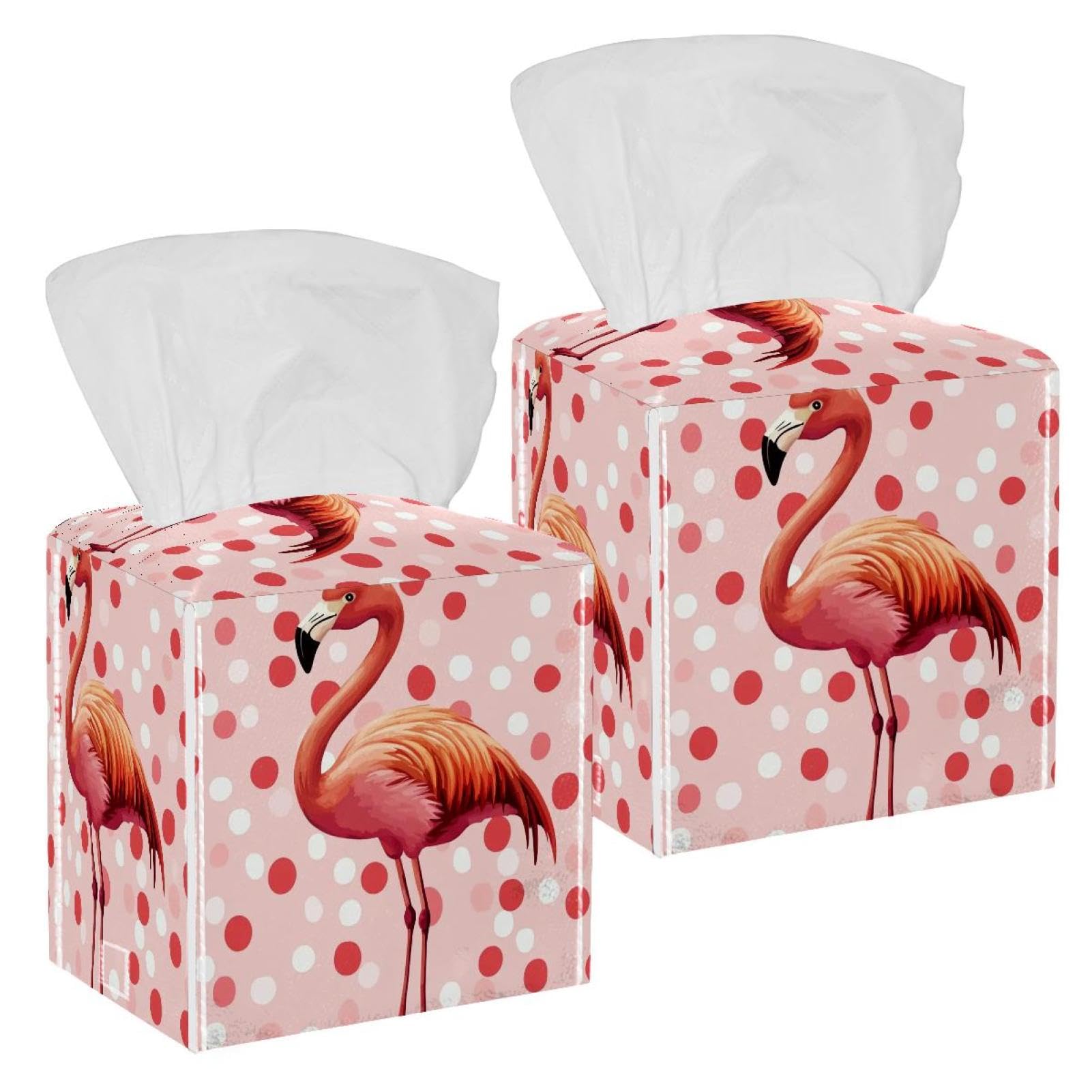 Polka Dot Flamingo Tissue Box Cover, 2 Pack PU Leather Square Facial Tissue Dispenser Box holder for Home Office Car