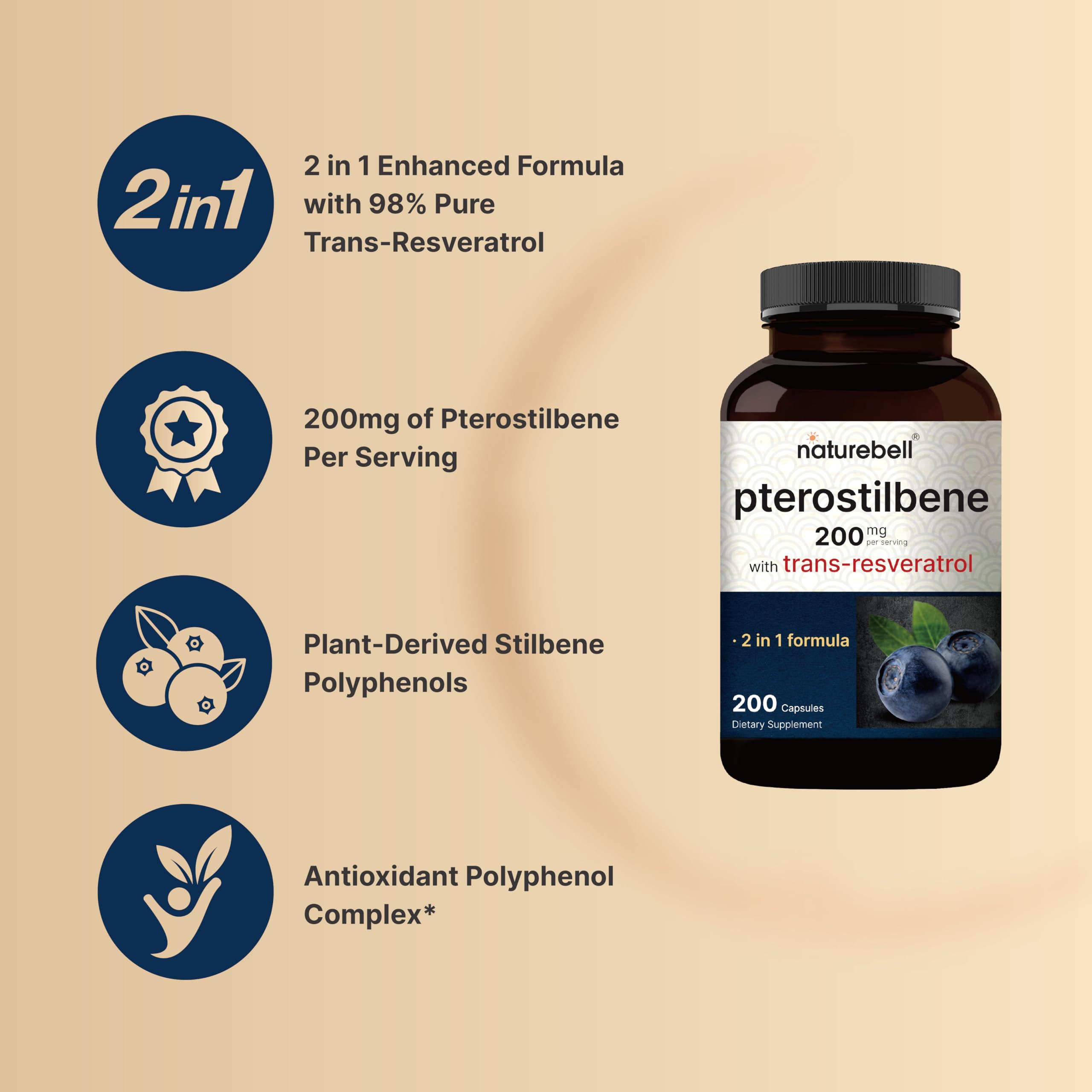 NatureBell Pterostilbene 200 mg Per Serving with Trans-Resveratrol – 200 Capsules – 2-in-1 Antioxidant Polyphenol Formula* – Non-GMO — Amazon image 3