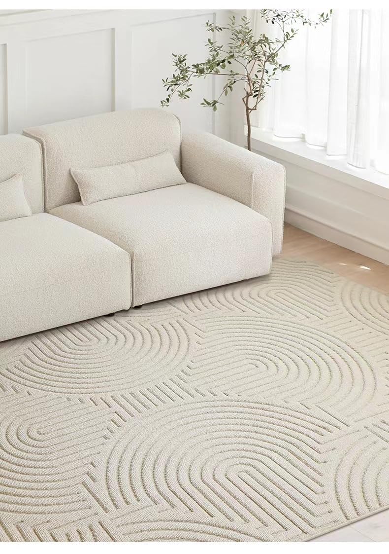 Beige Geometric Shag Area Rug 5x7 ft - Thick Wool for Living Room & Kids