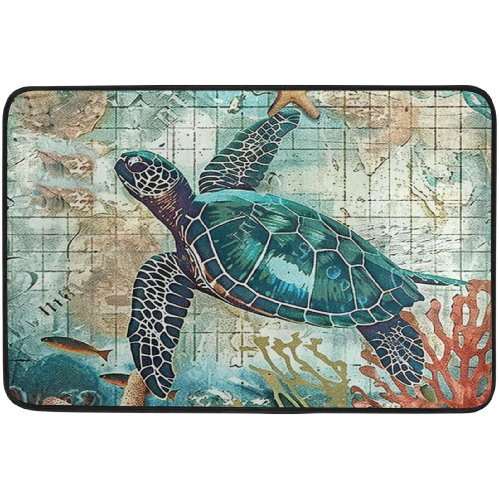 Sea Turtle Doormat Nautical Ocean Theme Starfish Retro Map Floor Mats Non Slip Washable Indoor Outdoor Entrance Bathroom Door Mat Home Decor, 23.6 x 15.7 inch