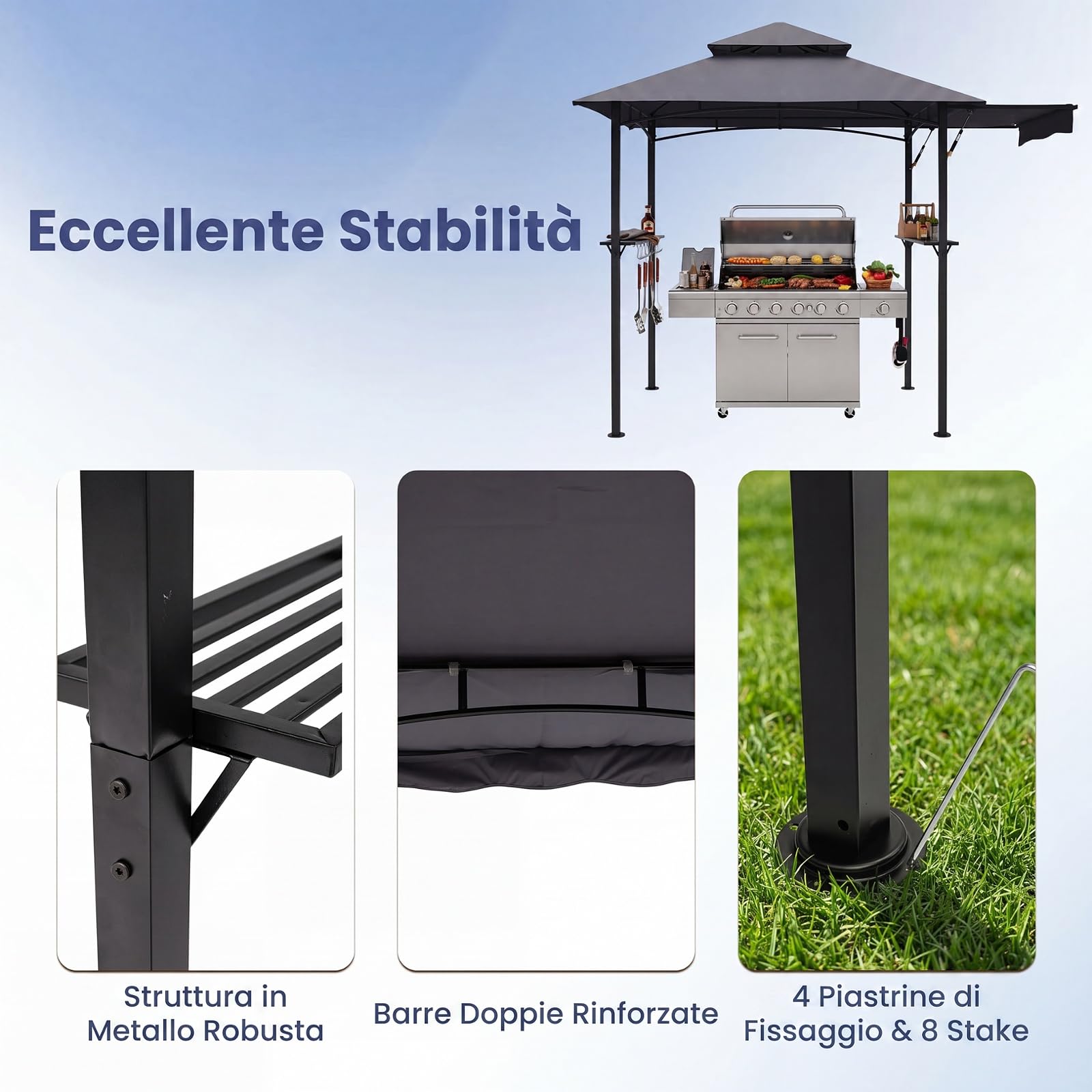 COSTWAY Gazebo per Barbecue 247 x 150 cm, Pergola per BBQ con Telo Laterale Retraibile, 2 Ripiani, 8 Ganci, Struttura in Metallo e Tetto a Doppio Strato per Feste, Barbecue e Picnic