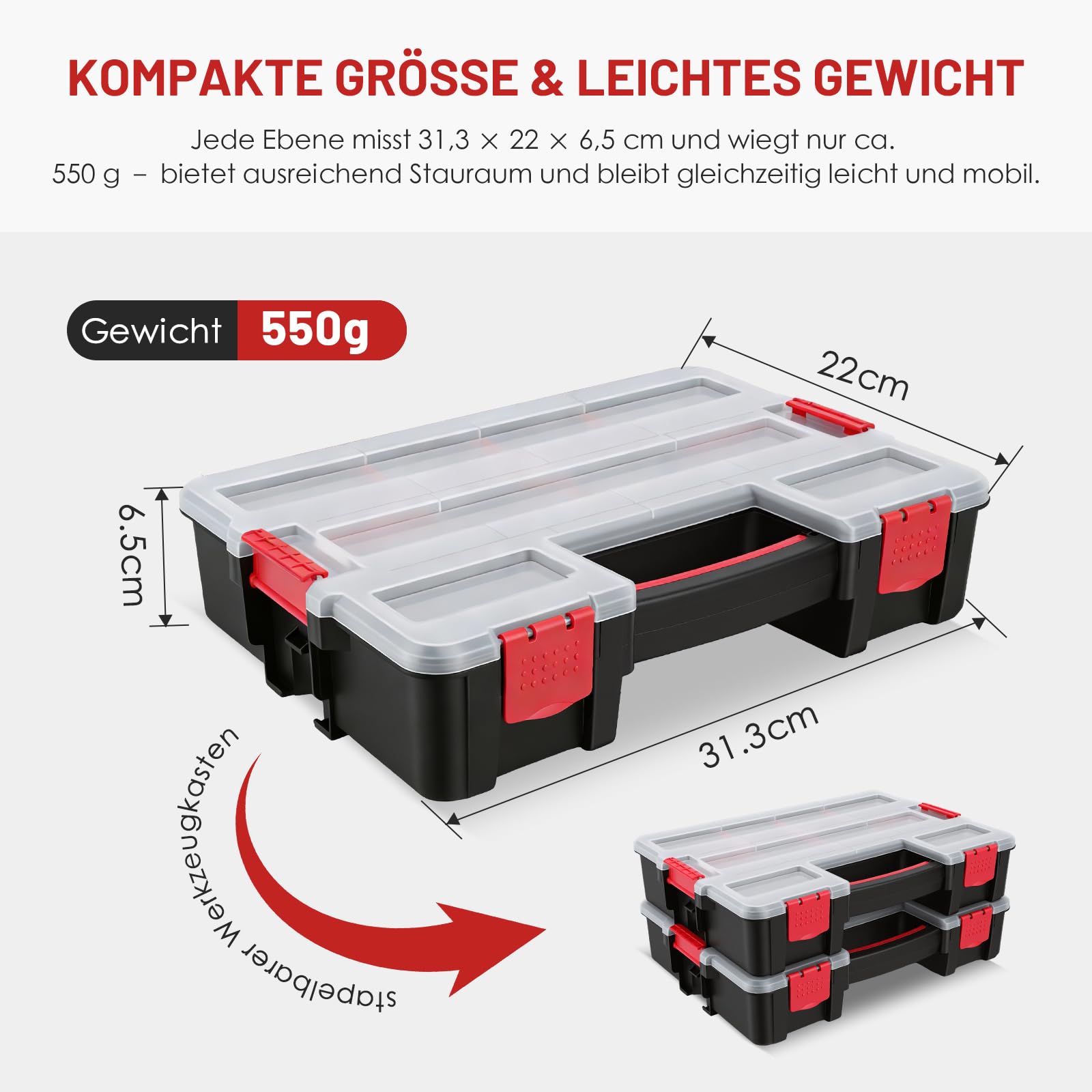 Famuka Sortimentskasten Set-3-stufiger Werkzeugkasten-Werkstatt Garage Haushalt Kleinteile Organizer (Rot)
