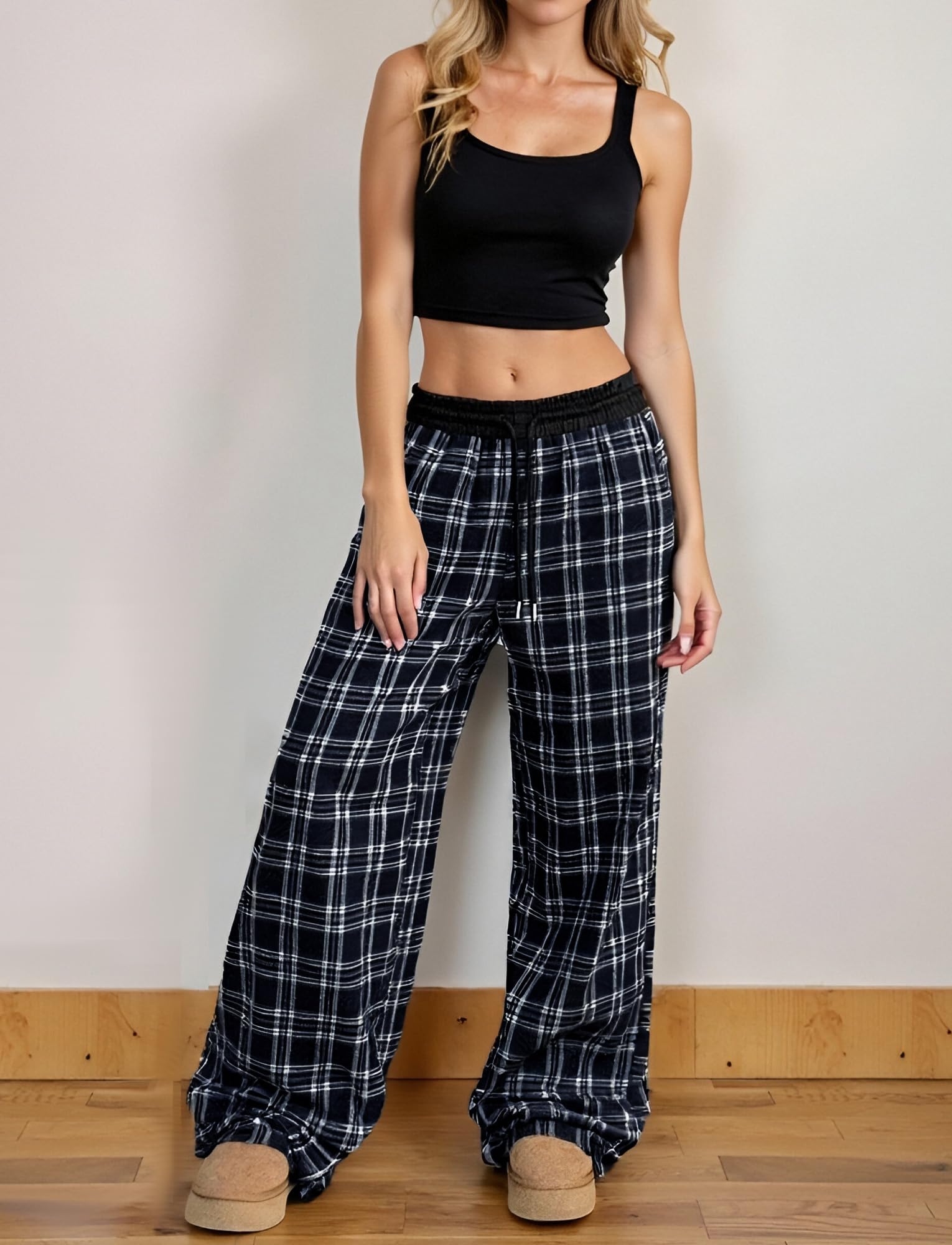 Pantalon Vintage à Carreaux pour Femme Pantalons Décontracté à Taille Basse Pantalon de Jogging Large à Poches Pantalons Long Y2K Streetwear