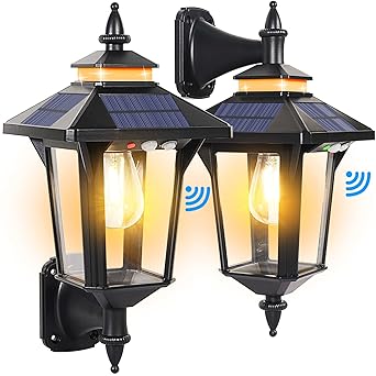 Kuniwa Motion Sensor Solar Wall Lights Outdoor with 3 Modes, Dusk to Dawn LED Wall Lantern Waterproof Front Porch Sconce Exterior for Patio Garage Garden Barn Yard House, 2 Types of Wall Mount, 2 Pack