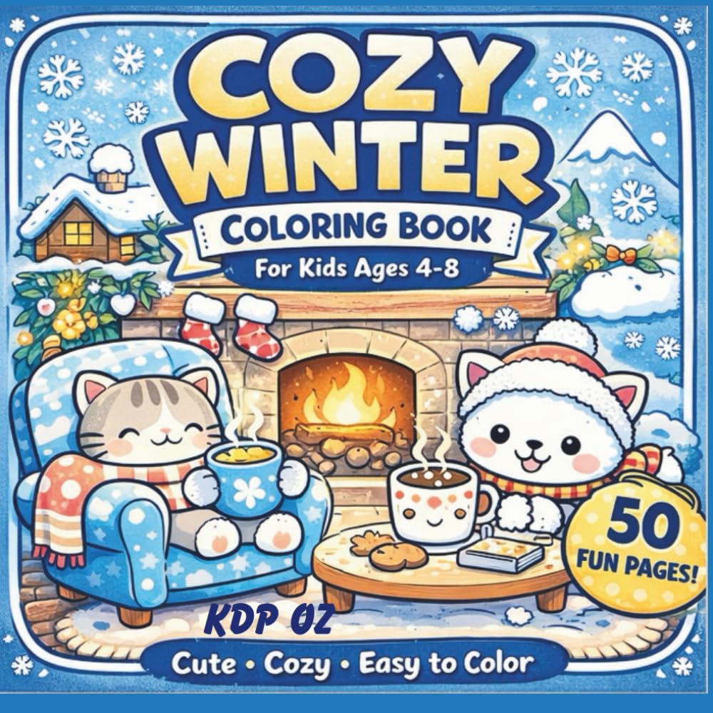 Cozy Winter Coloring Book for Kids Ages 4–8: 50 Cute Cozy Scenes & Animals, Bold & Easy Coloring Pages (8.5 x 8.5)