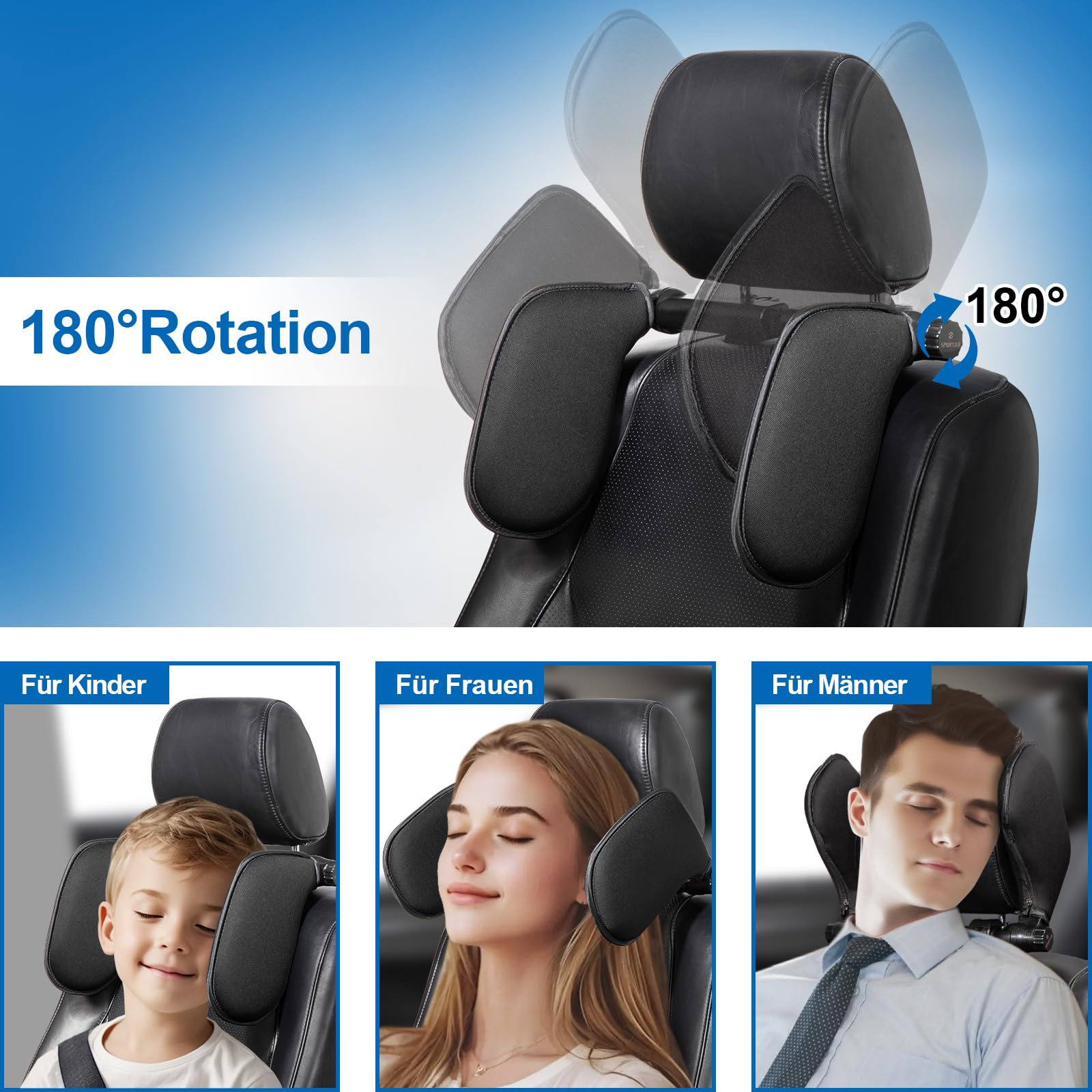 Spurtar Kopfstütze Auto Kinder Nackenkissen Auto Höhe einstellbar, 360 °Rotation, Weichem Gedächtnisschaum, für Kinder und Erwachsene, Nackenstütze Auto zum Schlafen - Schwarz