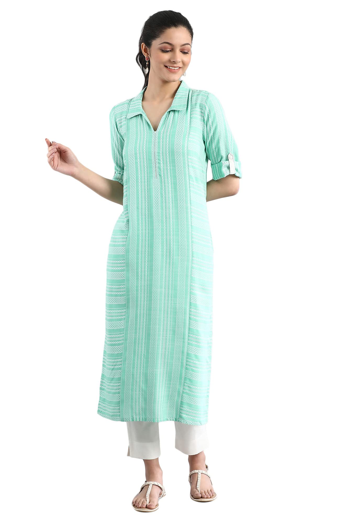 Aurelia Women Green Ethnic Shirt Collar Viscose Kurta in Geometric Print_22FEA12217-702095_S in green
