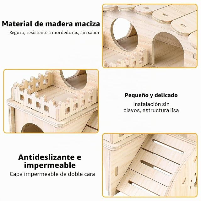 Foto 3 de 7 de Vegena Casa esquinera para hámster, casa de hámster de madera, 2 niveles, jaula, escondite, piso de esquina