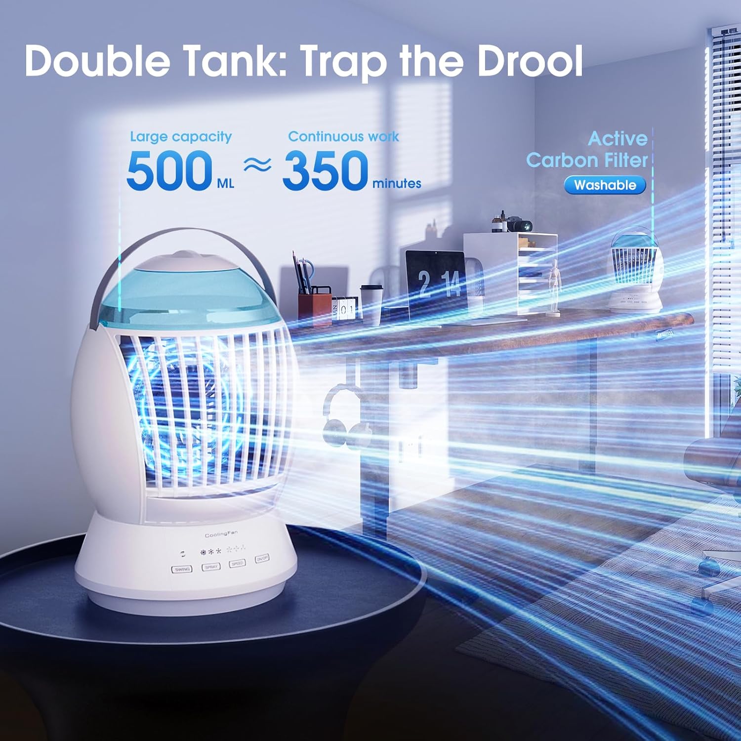 Diagram showing the 500ml water tank capacity and active carbon filter of the Passky Portable Air Cooler.