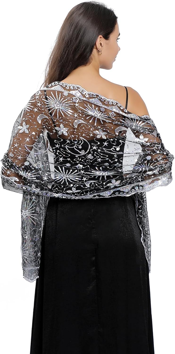 Sequin Lace Shawl Wrap, Evening Formal Sheer Shawls for Women Dressy Cover Up, Wraps and Shawls - Image 6