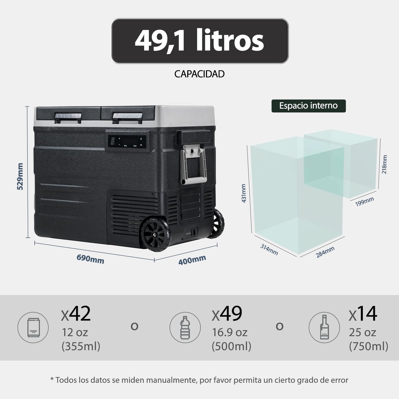 UD55 49L Doble Zona Nevera Portátil Eléctrica Refrigerador de Coche 12V 24V frigorífico CA 220v para Hogar, Con Ruedas,Nevera Camper, Viajes, Automóvil, 20ºC a 20ºC