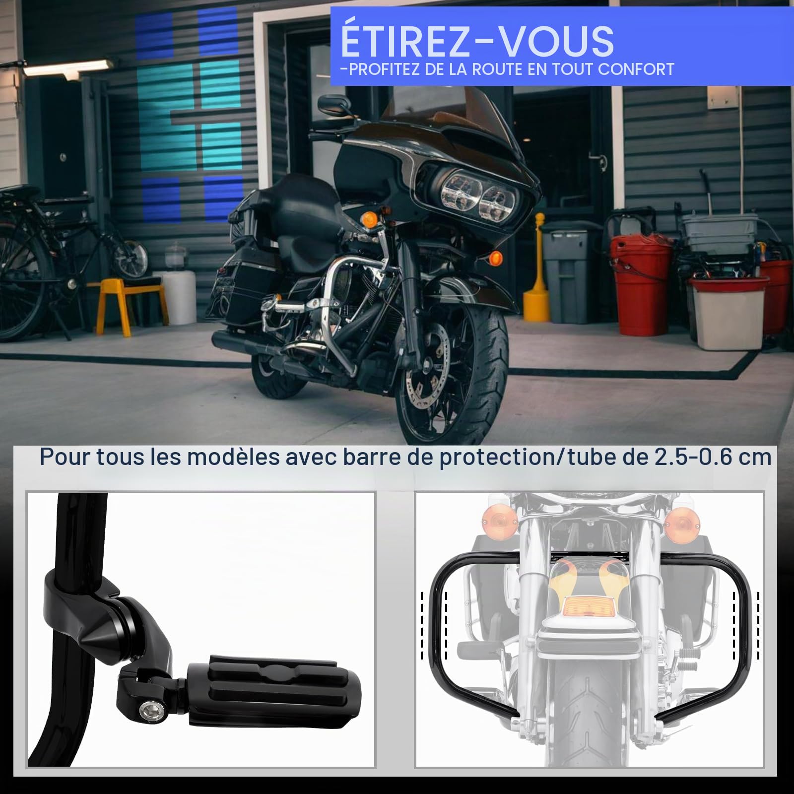 Repose-pieds d'autoroute réglables de 32 mm avec kit de montage court coudé, universel pour Harley, Honda, Kawasaki, Suzuki, Yamaha, Indian, Victory avec protection moteur/barre de