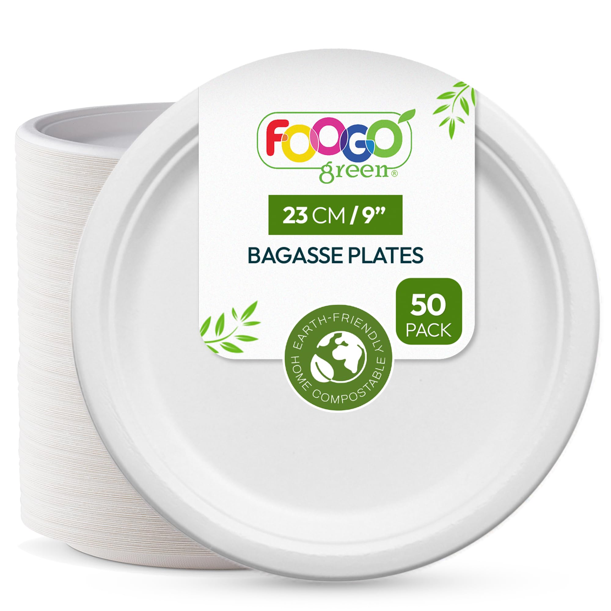 – FOOGO Green 50pcs Disposable Sugarcane Bagasse Plates, 9 inch (23 cm), Large Round Strong Paper Plates, Eco Friendly Biodegradable Compostable, for Picnic, Parties