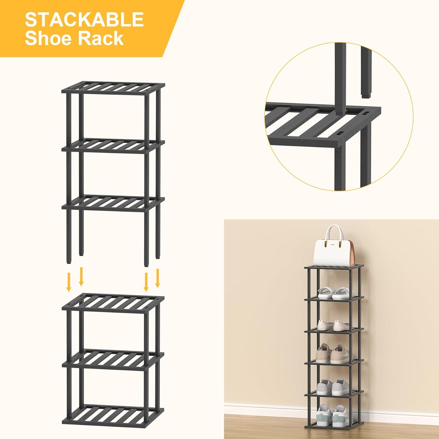 SHIISEWE Bamboo Shoe Rack for Small Spaces 6 Tier Tall Vertical Narrow Rack for Closet Stackable Shoe Holder, Black Stand for Entryway Storage Shoe Organizer