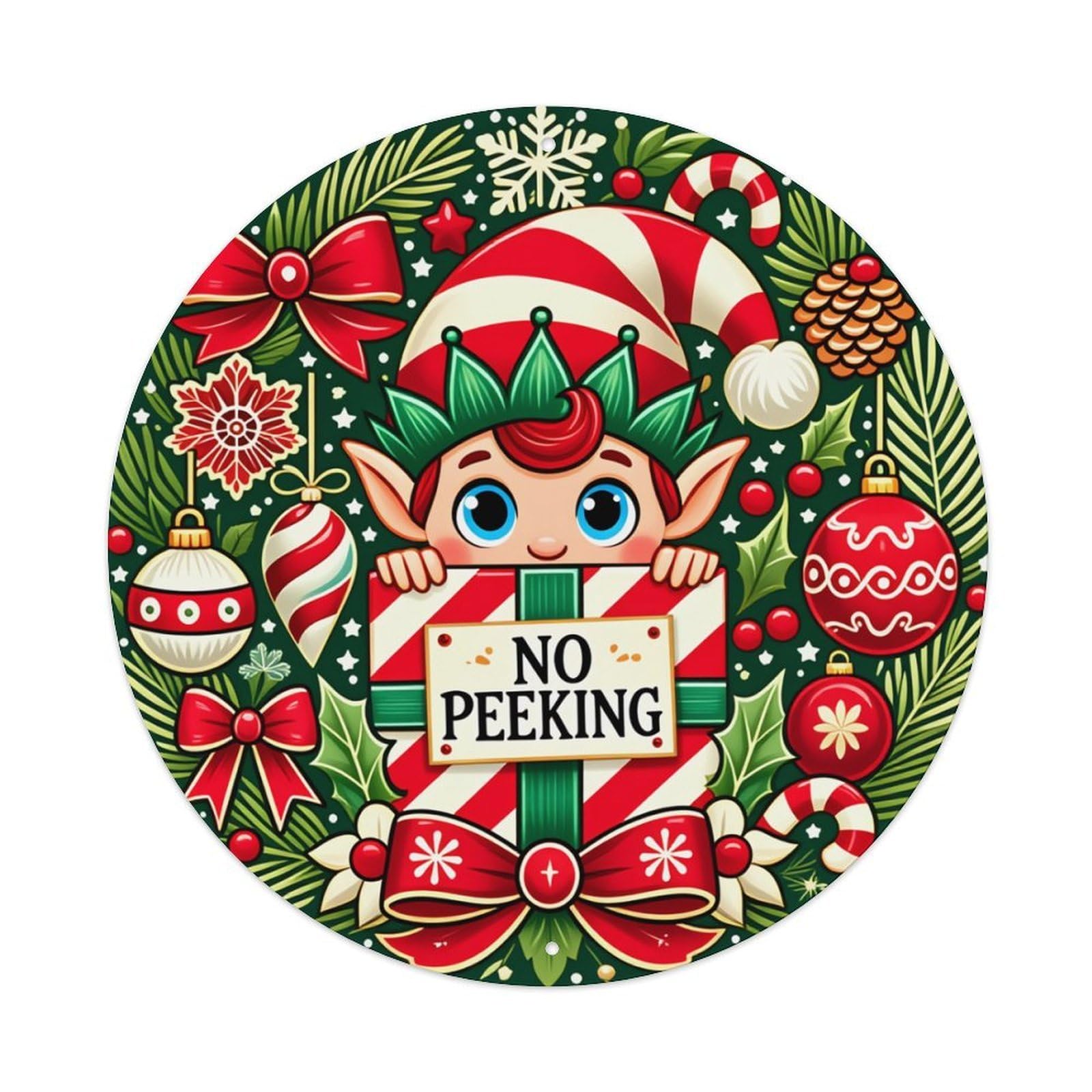 Christmas Elf No Peeking Ornament Round Tin Sign Retro Metal Sign for Cafe Bar Pub Home Game Room Gym Club Wall Decoration Vintage Metal Poster 8x8 Inch