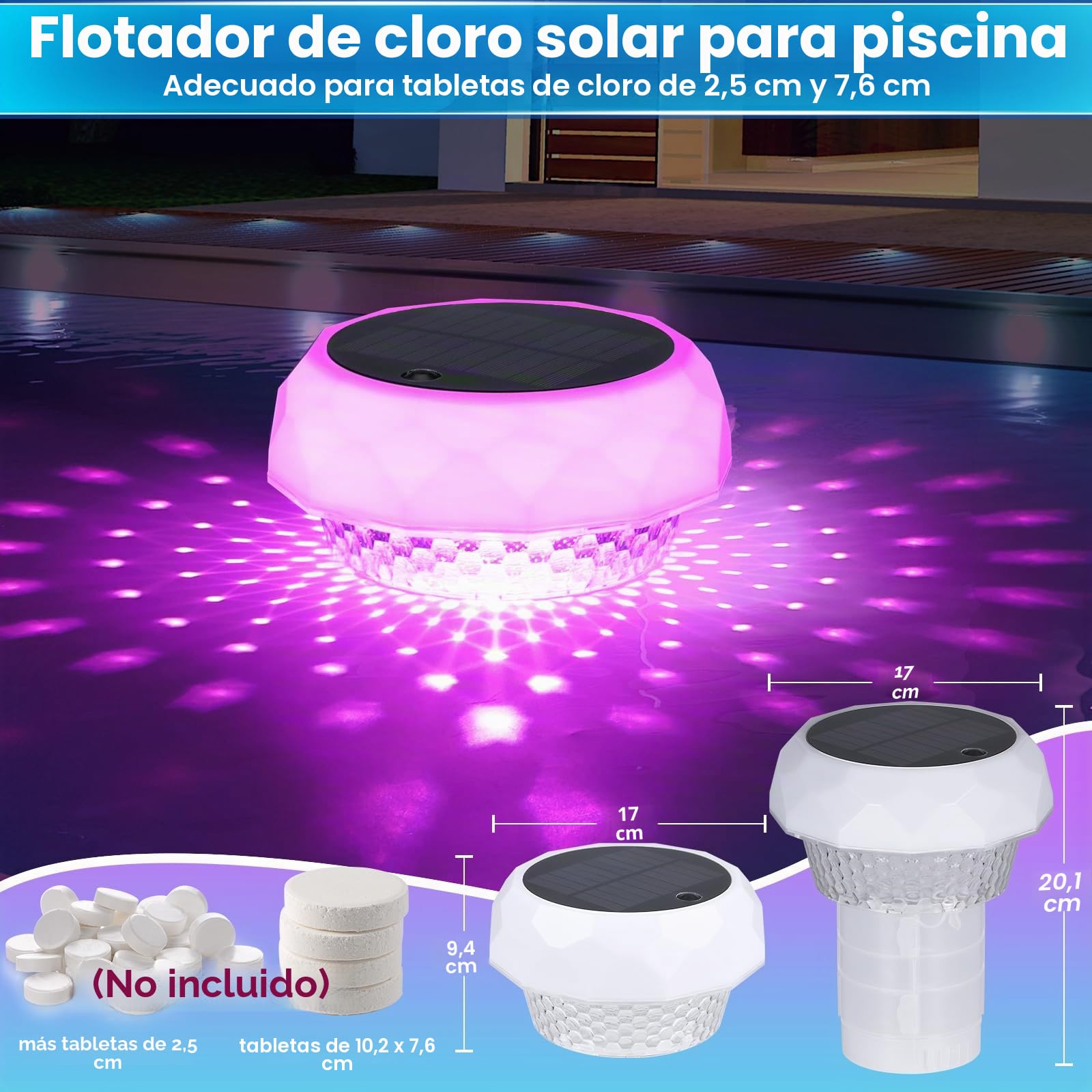 Flotador de cloro para piscina Qoolife con luz solar, flotador de tabletas de cloro para piscina, apto para tabletas de 1" y 7,6 cm, dispensador de cloro flotante con control remoto y ajustable para