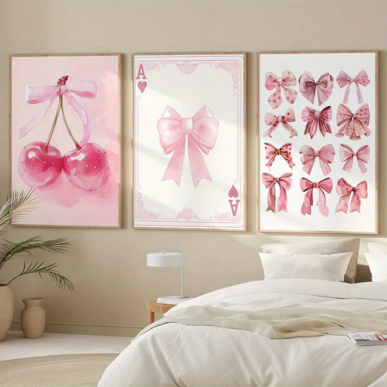 JORCEDI Set of 3 Pink Canvas Wall Art, Unframed Nordic Aesthetic Print, Bow Cherry Poster, High Definition Wall Pictures for Bedroom Living Room Girl Room Decor (30 * 40cm,pink)