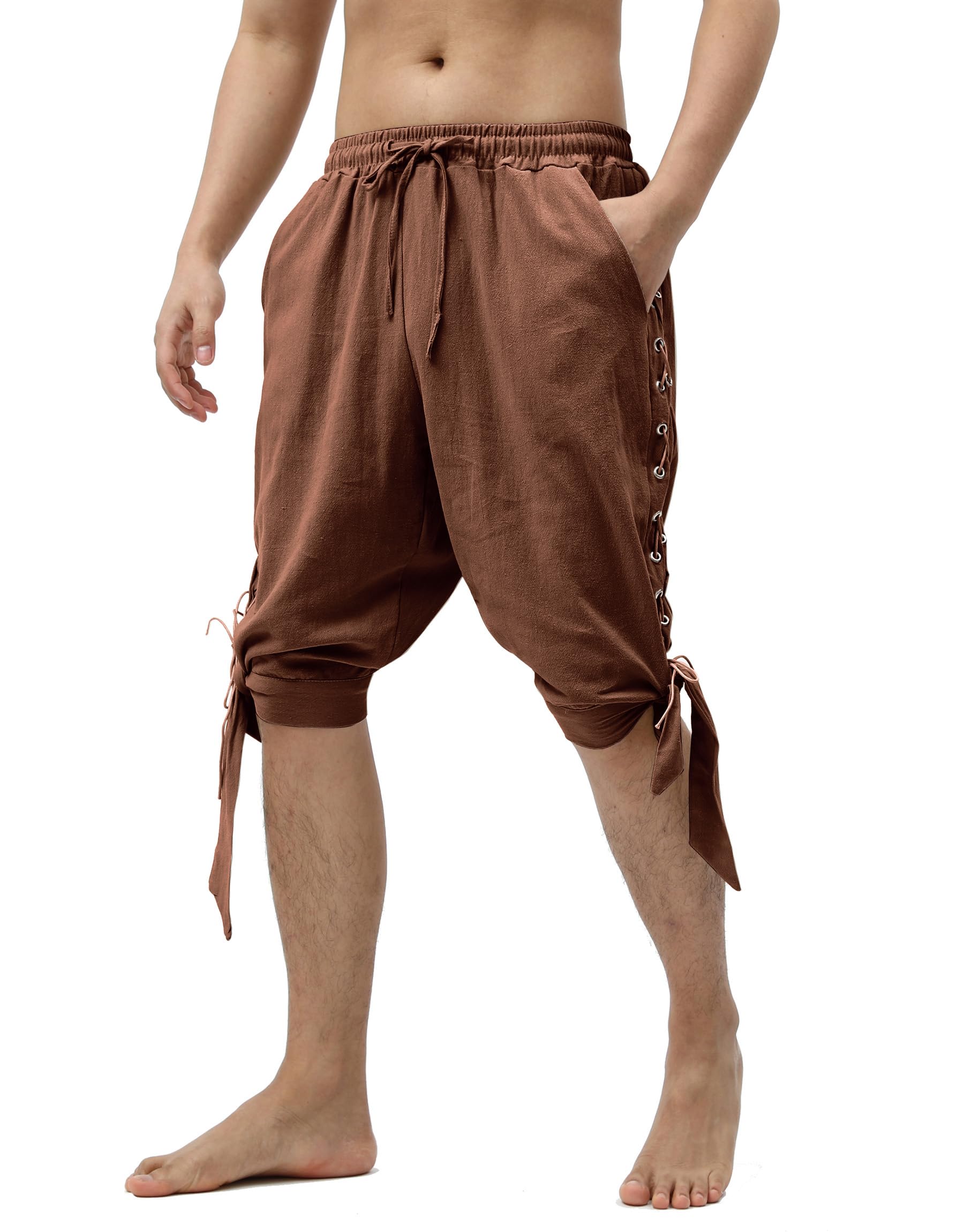 Heyigrow Mens Pirate Shorts Renaissance Viking Costume, Medieval Lace-up Banded Pants Cotton Linen Cosplay Outfitss