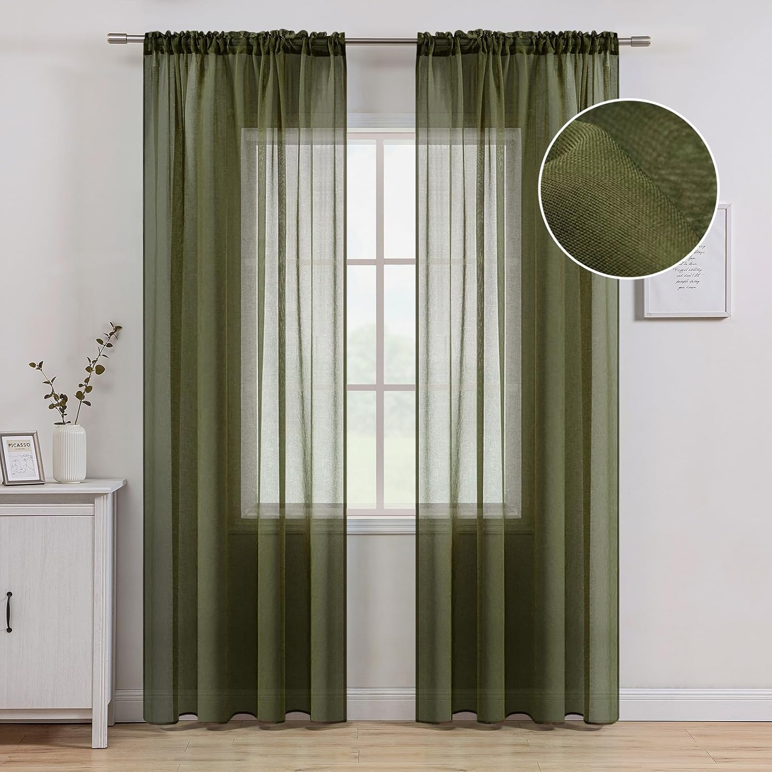 MIULEE Olive Green Linen Textured Sheer Curtains for Bedroom Living Room, Semi Transparent Farmhouse Window Treatment Dark Green Drapes with Rod Pocket 2 Panels W 54 x L 84 inches Long