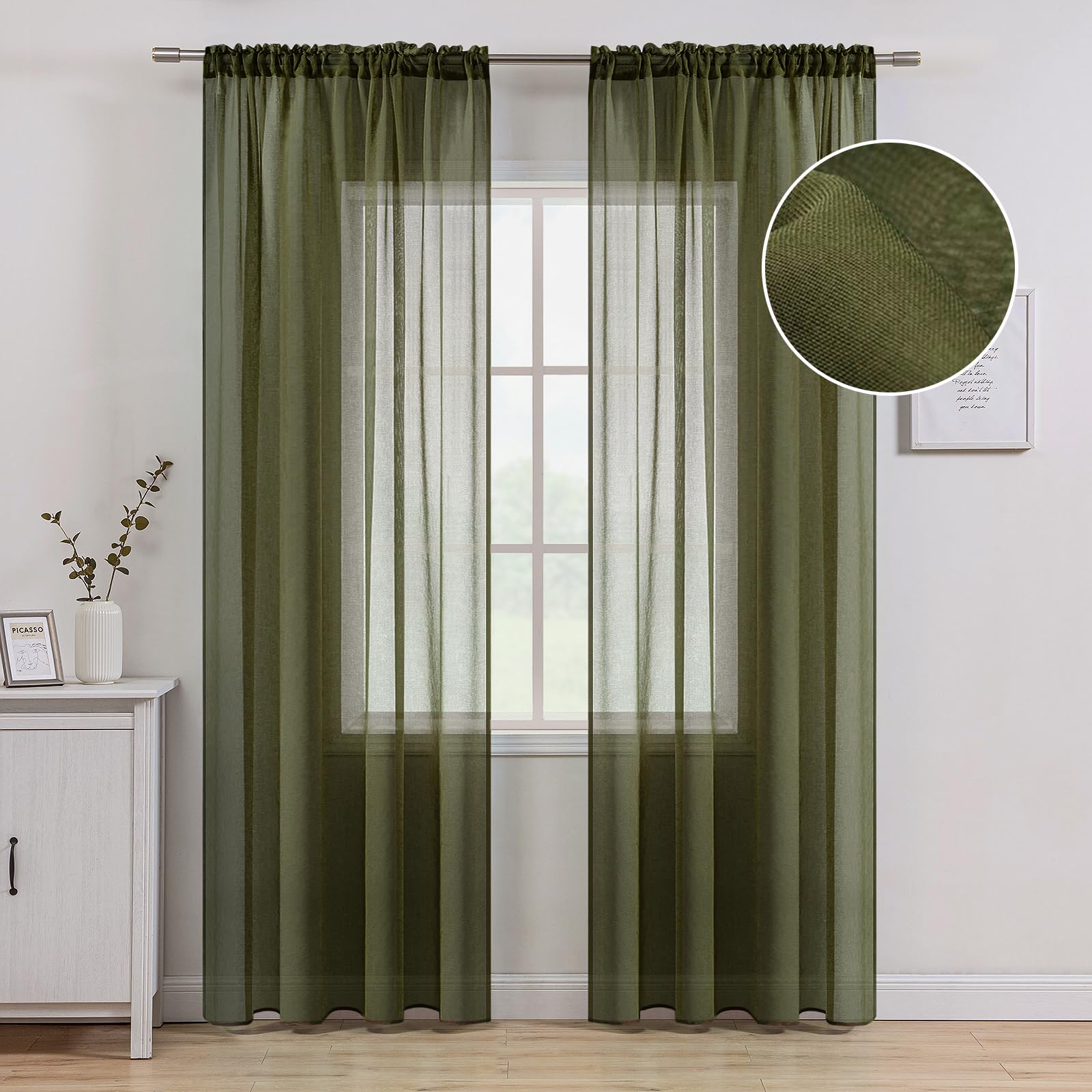 MIULEE Olive Green Linen Textured Sheer Curtains for Bedroom Living Room, Semi Transparent Farmhouse Window Treatment Dark Green Drapes with Rod