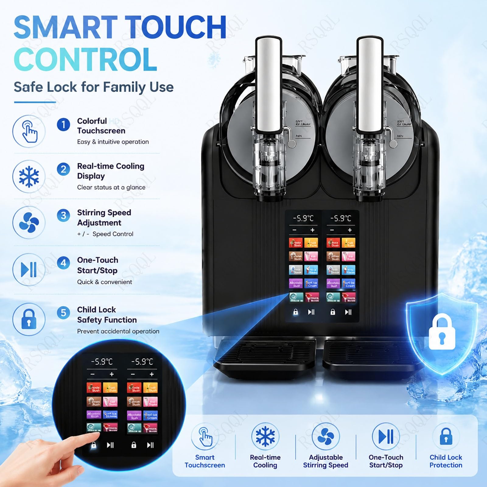 Soft Serve and Slush Machine, 7-in-1 with Dual 2L Hoppers & Touch Screen Display, Makes Smoothies in 18-25 Minuten, Ideal for Home and Commercial Use