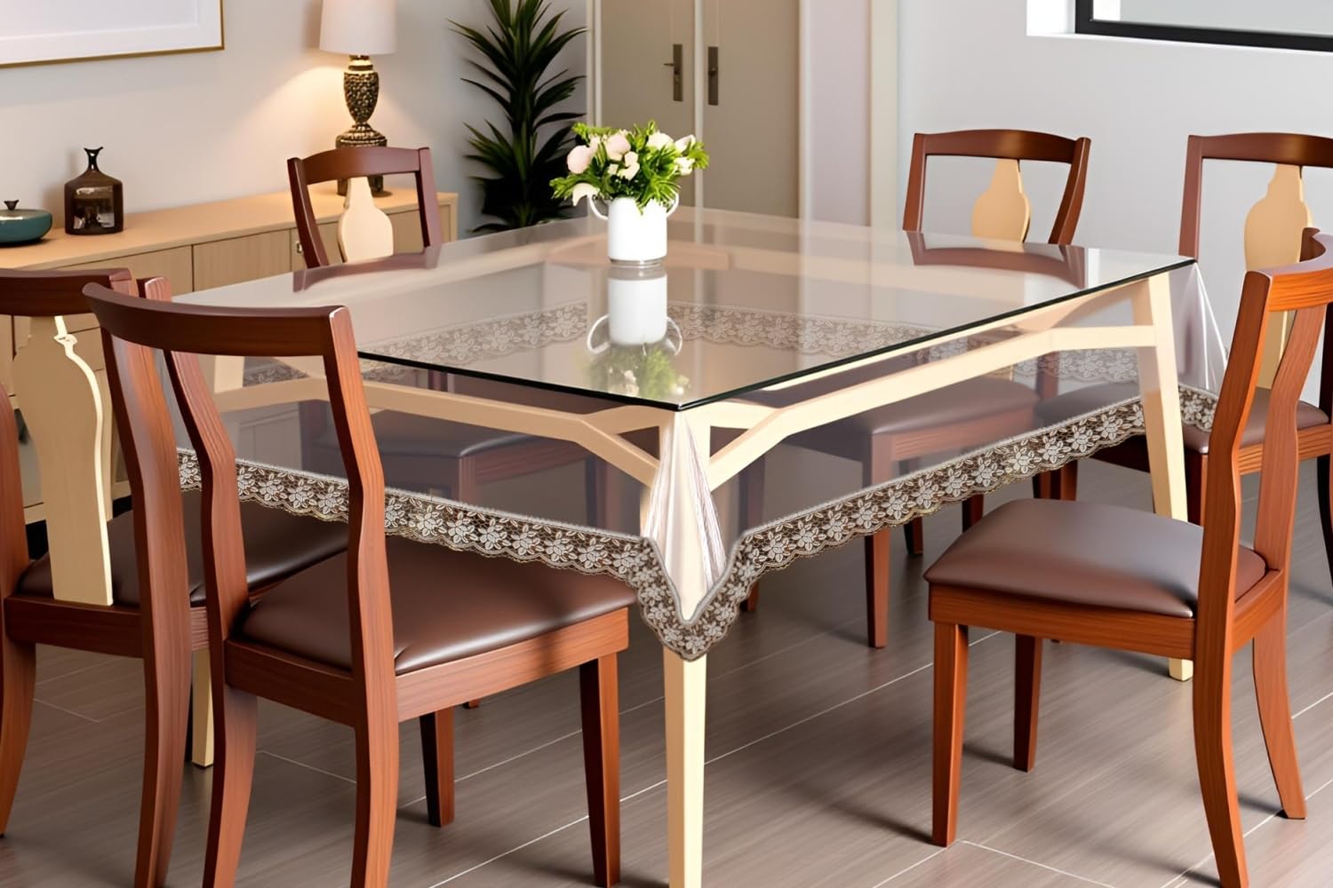 The Furnishing Tree Square Shaped 4 Seater Transparent Table Cover WxL 60x60 inches 0.15 mm Thickness with Golden Lace-image-15