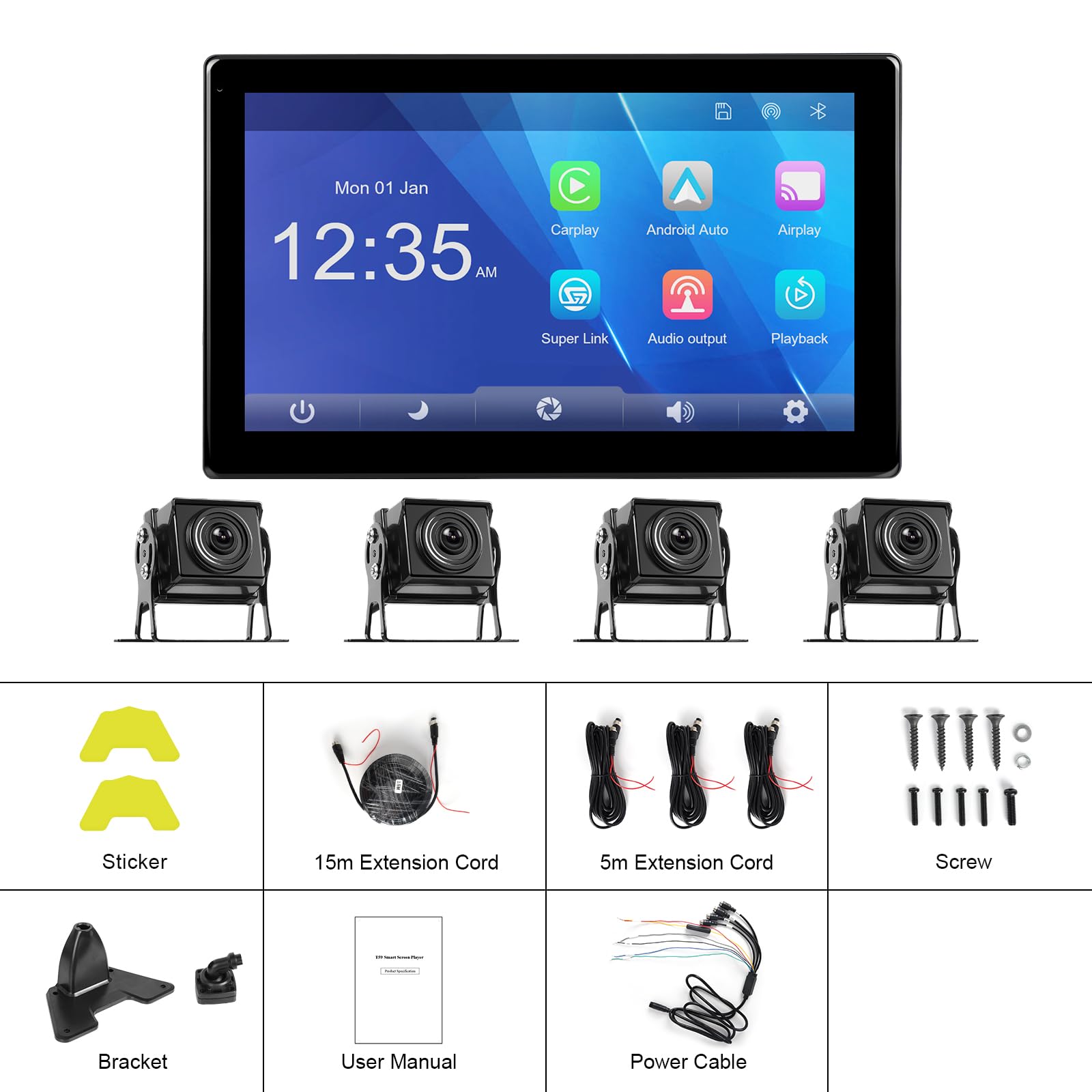 Kamera cofania 10,1 cala HD ekran 2,5D system DVR z 4 kamerami nagrywanie w pętli dla ciężarówek autobusów i maszyn rolniczych 7–32 V kompatybilna z CarPlay i Android Auto monitorowanie postoju IP68
