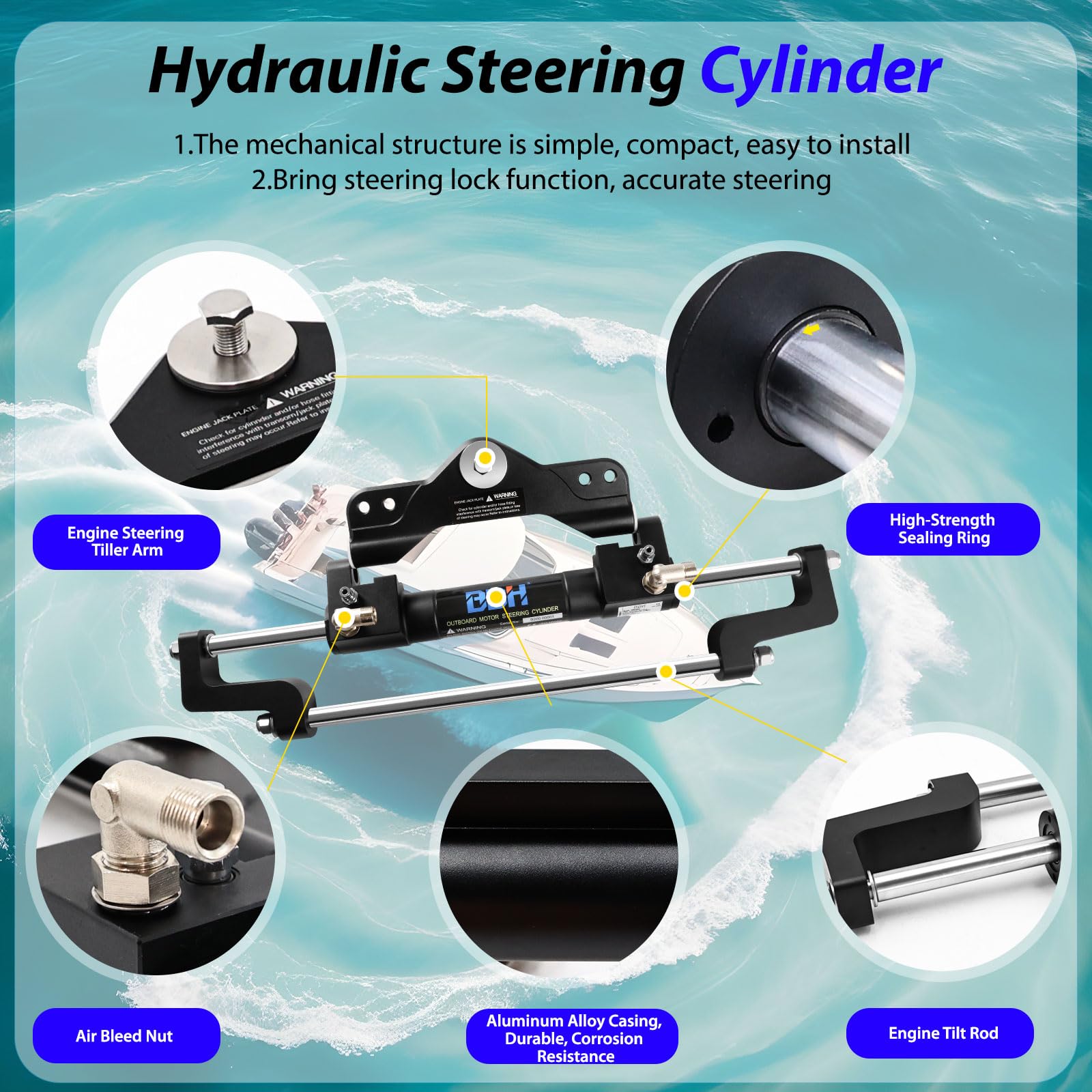 seasuist Hydraulic Steering Cylinder for Boats Hydraulic Steering Kit, 200HP Front Mount Steering Cylinder for Outboards Steering System