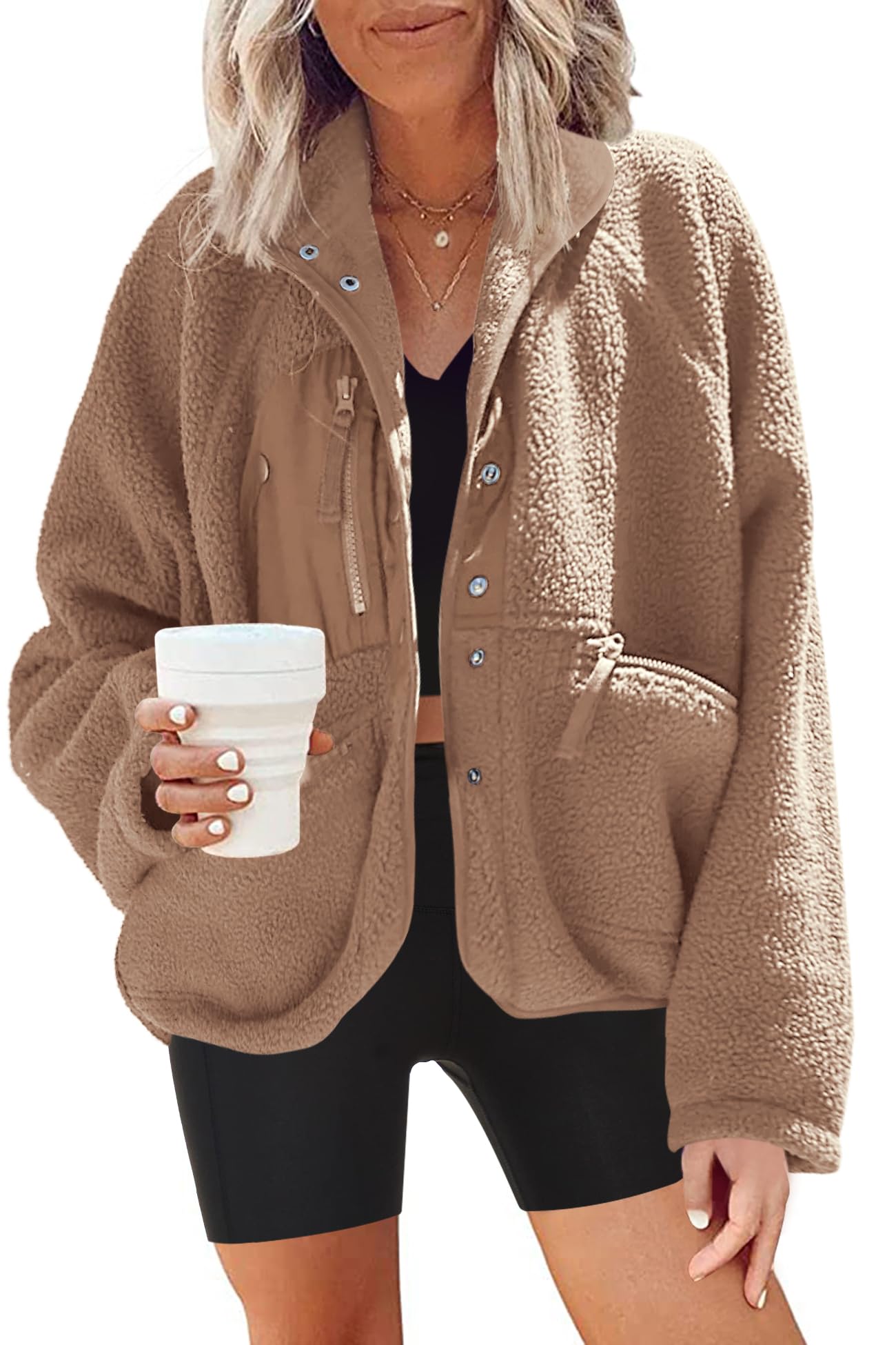 Womens Fuzzy Fleece Jacket Button Down Sherpa Coats Casual Winter Warm Outwear with Pockets