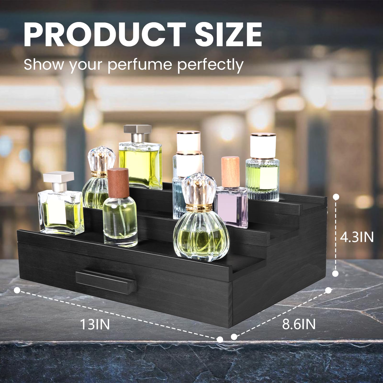 Leekimid Wooden Cologne Organizer for Men, 3 Tier Perfume Organizer Display Shelf with Drawer Storage and Hidden Compartment, Large Capacity Walnut Perfume Holder Great Gift for Man(Black)