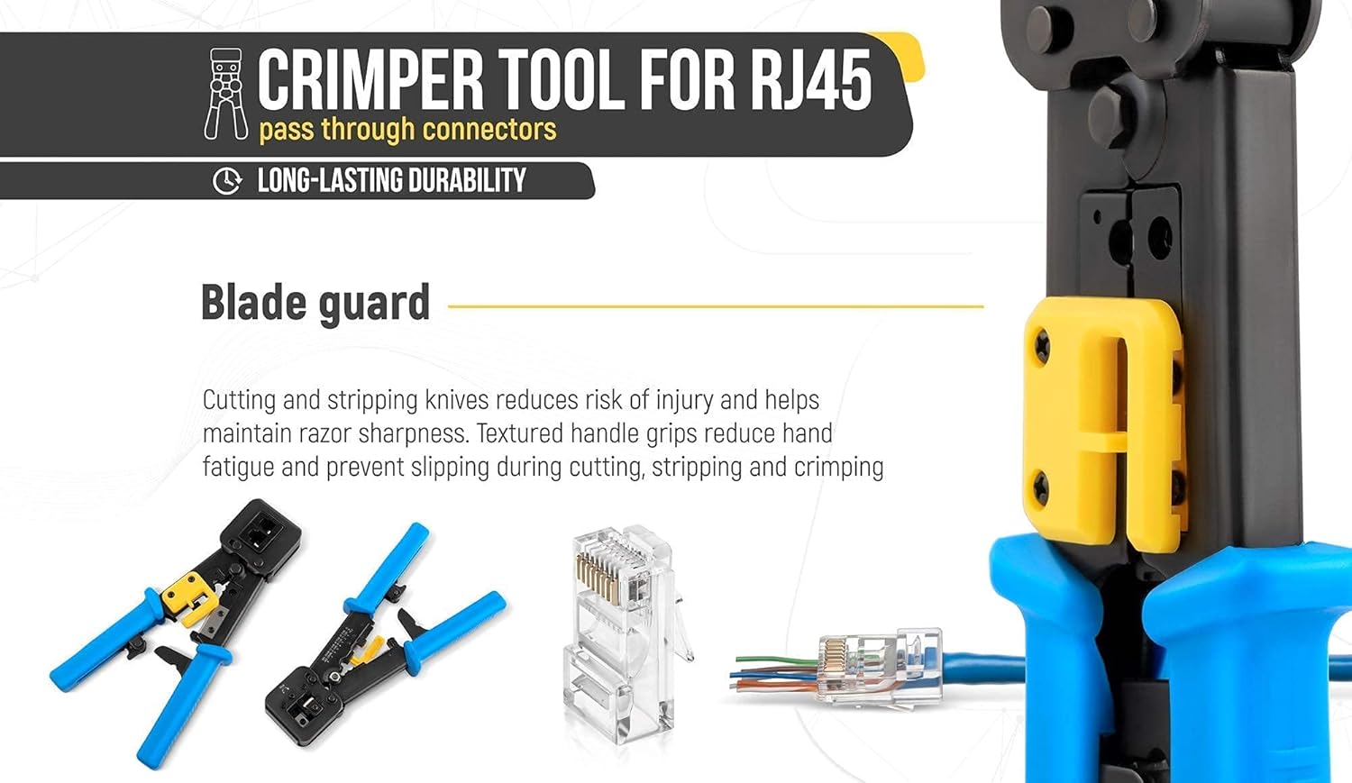 Bundle – 2 items: RJ45 Crimp Tool + 100 Pack of Cat5e Pass Through Connectors.